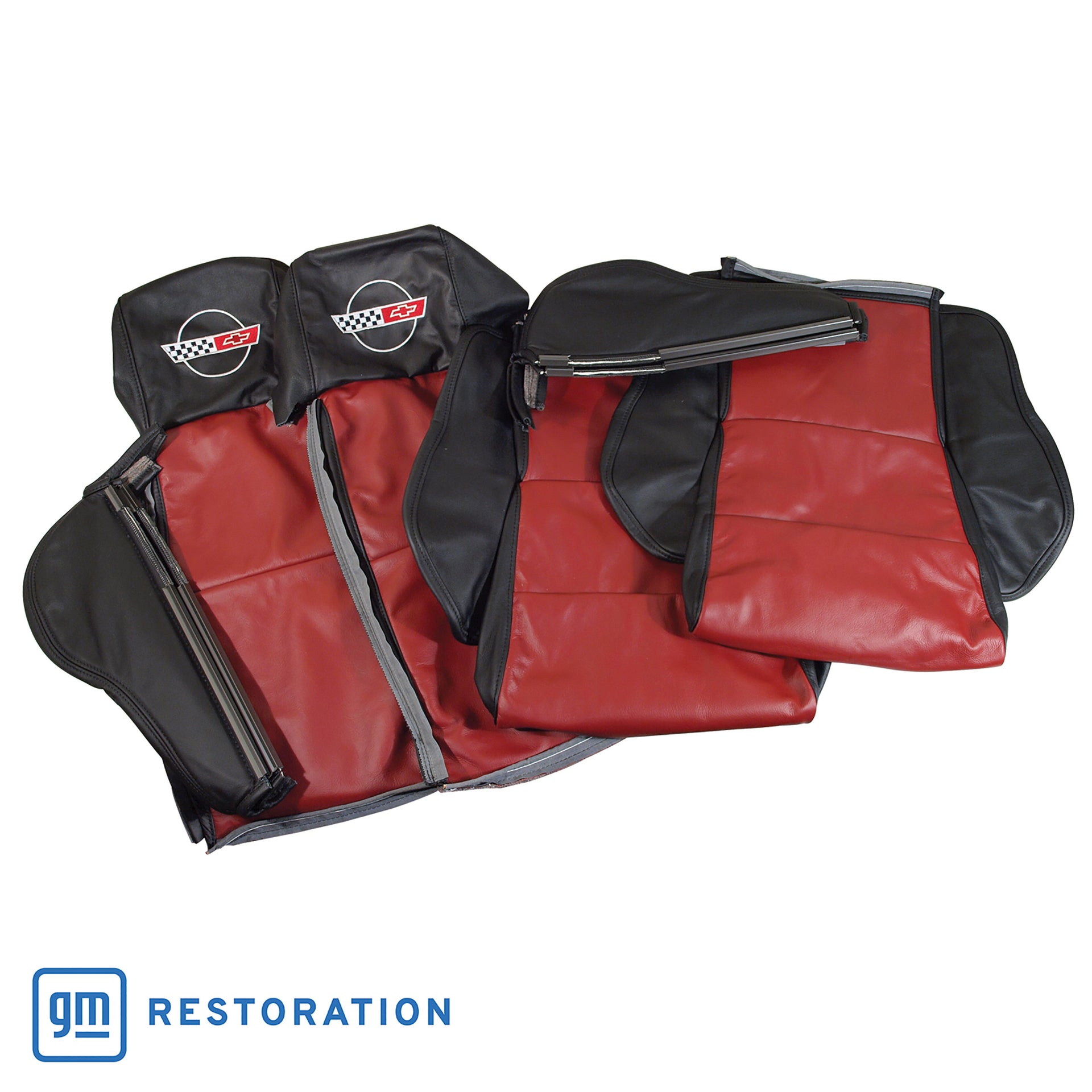 1984-1988 Corvette Embroidered Custom 100% Leather Seat Cvrs Sport - Blk & Dk Red-44230E-Corvette-Store-Online