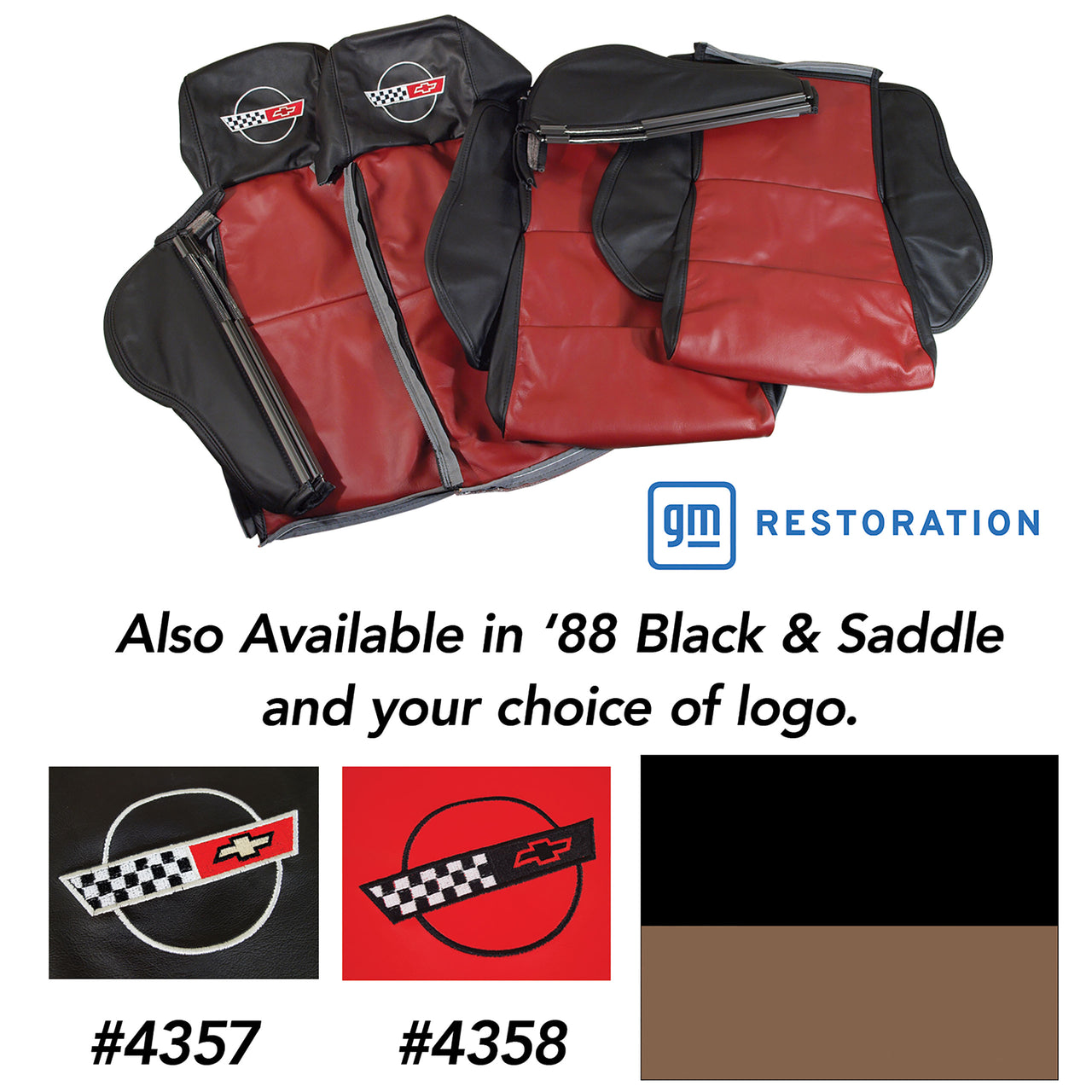 1988-1988 Corvette Embroidered Custom 100% Leather Seat Covers Sport - Black & Sadd-44234E-Corvette-Store-Online