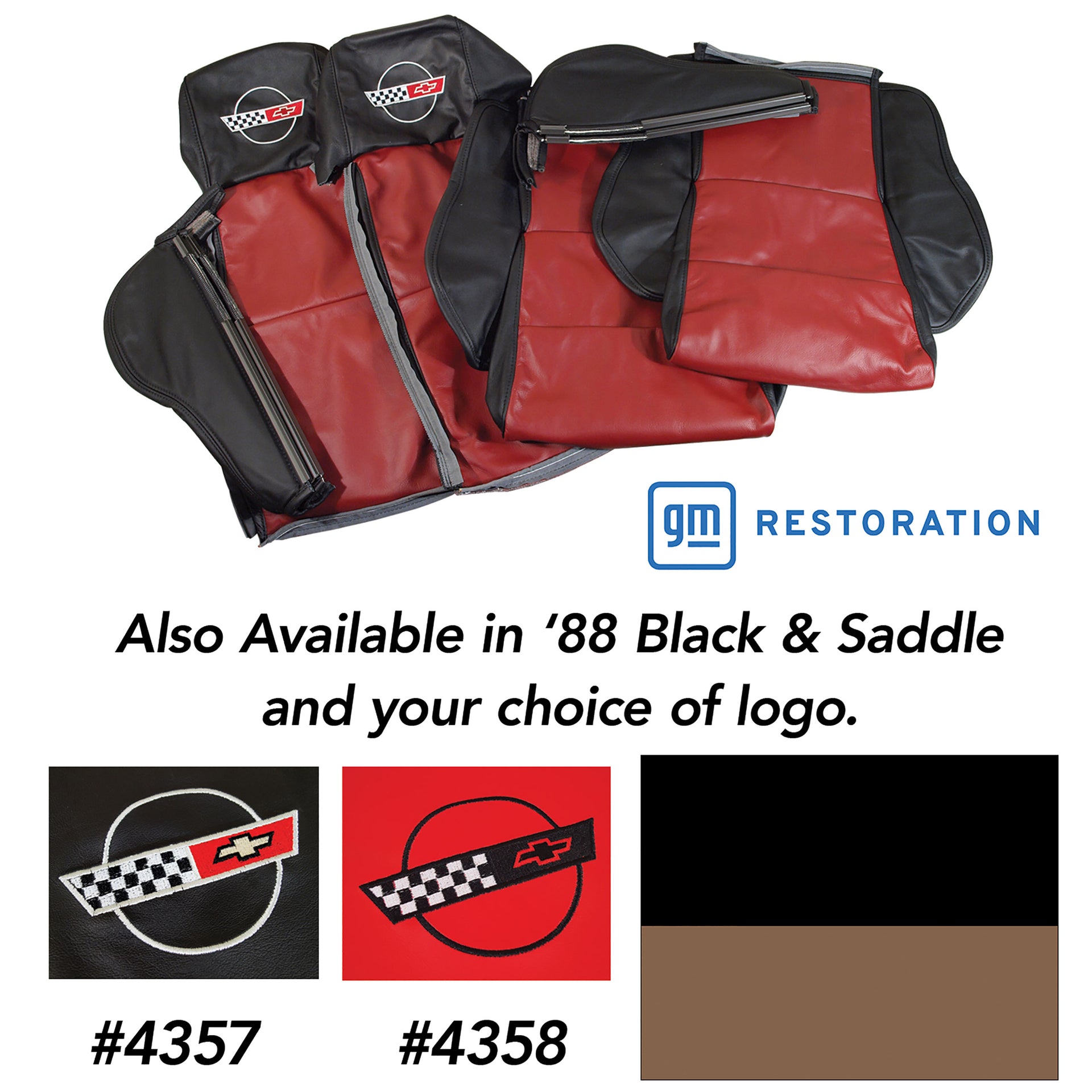 1988-1988 Corvette Embroidered Custom 100% Leather Seat Covers Sport - Black & Sadd-44234E-Corvette-Store-Online