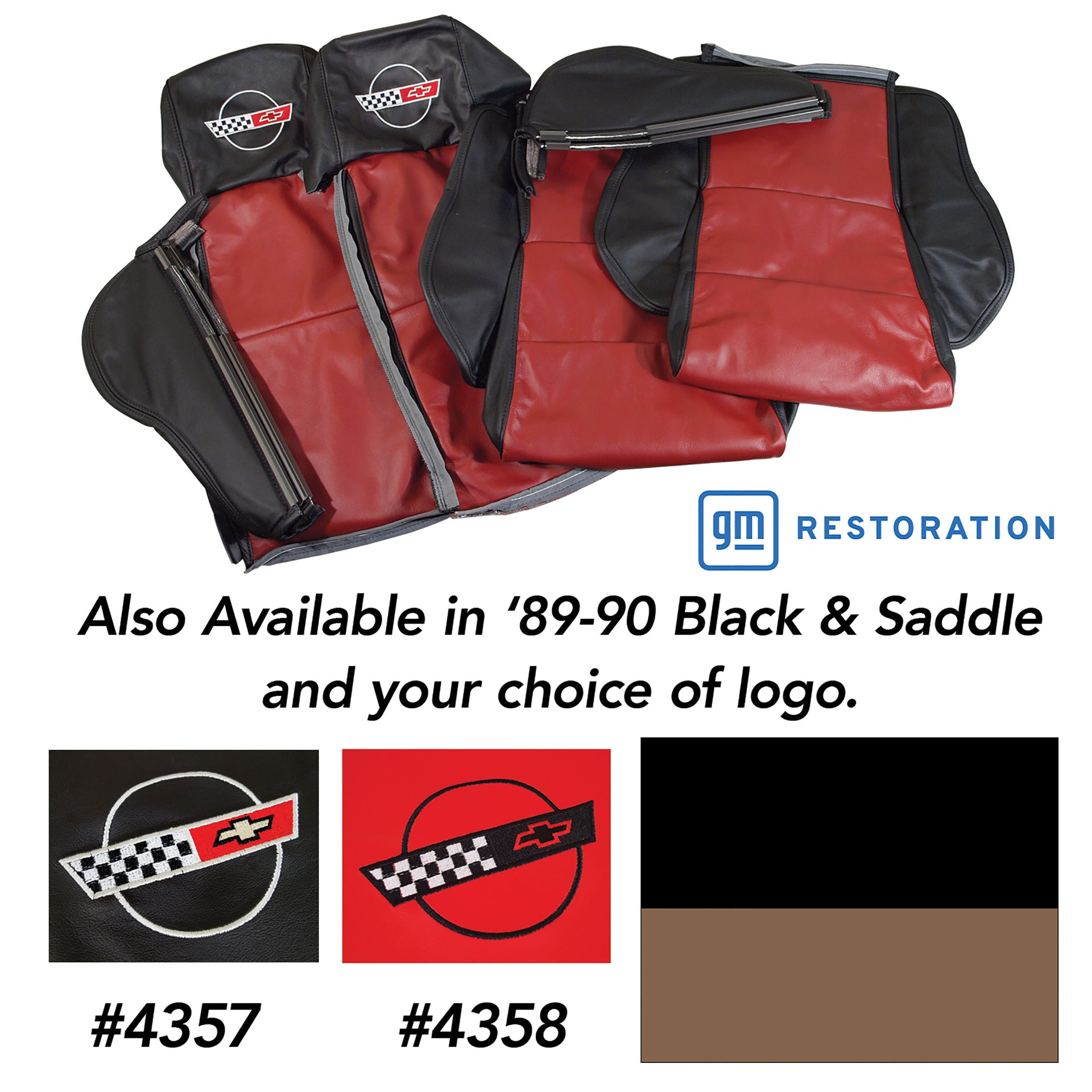 1989-1990 Corvette Embroidered Custom 100% Leather Seat Covers Sport - Black & Sadd-44236E-Corvette-Store-Online