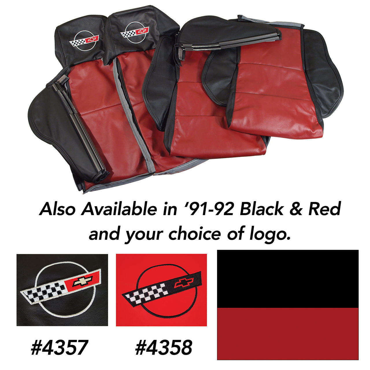 1991-1992 Corvette Embroidered Custom 100% Leather Seat Covers Sport - Black & Red-44240E-Corvette-Store-Online