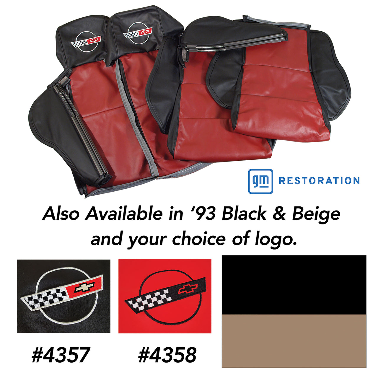 1993-1993 Corvette Embroidered Custom 100% Leather Seat Covers Sport - Blk & Bg-44244E-Corvette-Store-Online