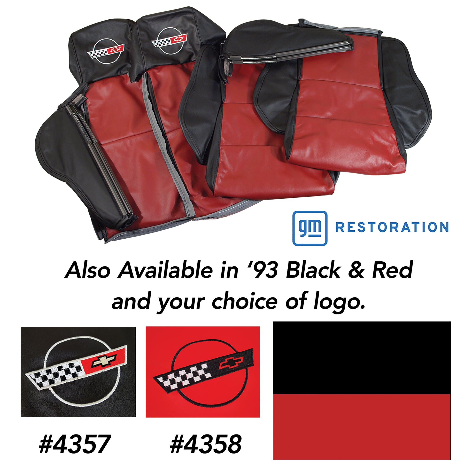 1993-1993 Corvette Embroidered Custom 100% Leather Seat Covers Sport - Black & Red-44246E-Corvette-Store-Online