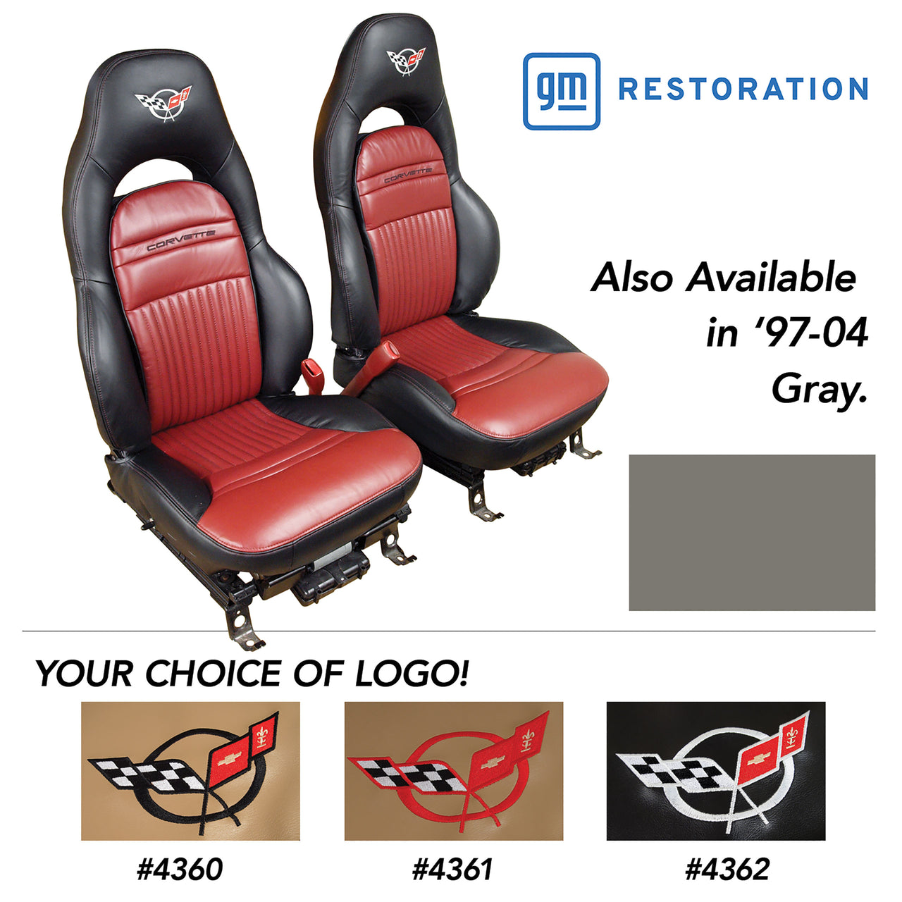 1997-2004 Corvette Leather Sport Seat Covers W/Vinyl Trim/Crossflag Logo - Gray-462188E-Corvette-Store-Online
