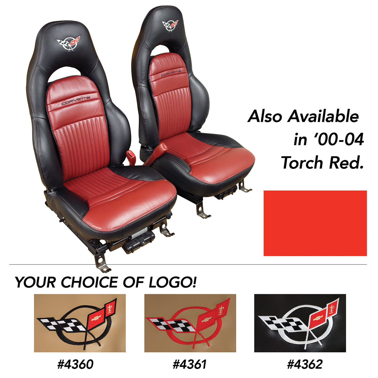 2000-2004 Corvette Leather Sport Seat Covers W/Vinyl Trim/Crossflag Logo - Torch Red-462193E-Corvette-Store-Online