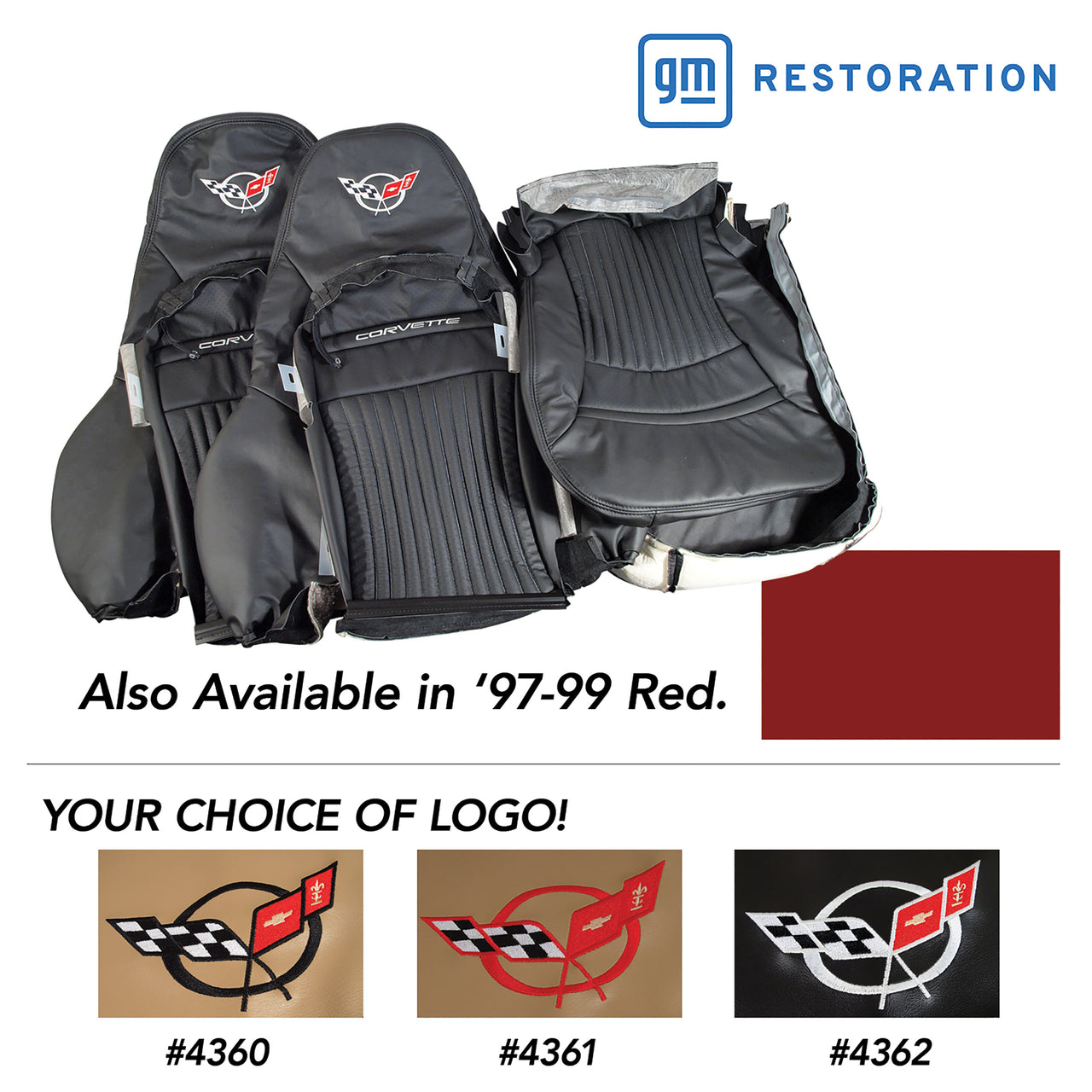 1997-1999 Corvette Leather Standard Seat Covers W/Vinyl Trim/Crossflag Logo - Red-462489E-Corvette-Store-Online