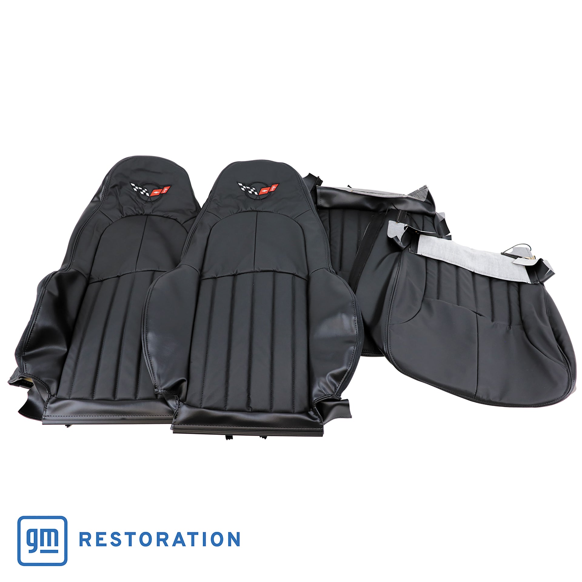 1997-2004 Corvette Leather Standard Seat Covers W/Vinyl Trim/Crossflag Logo - Black-462490E-Corvette-Store-Online