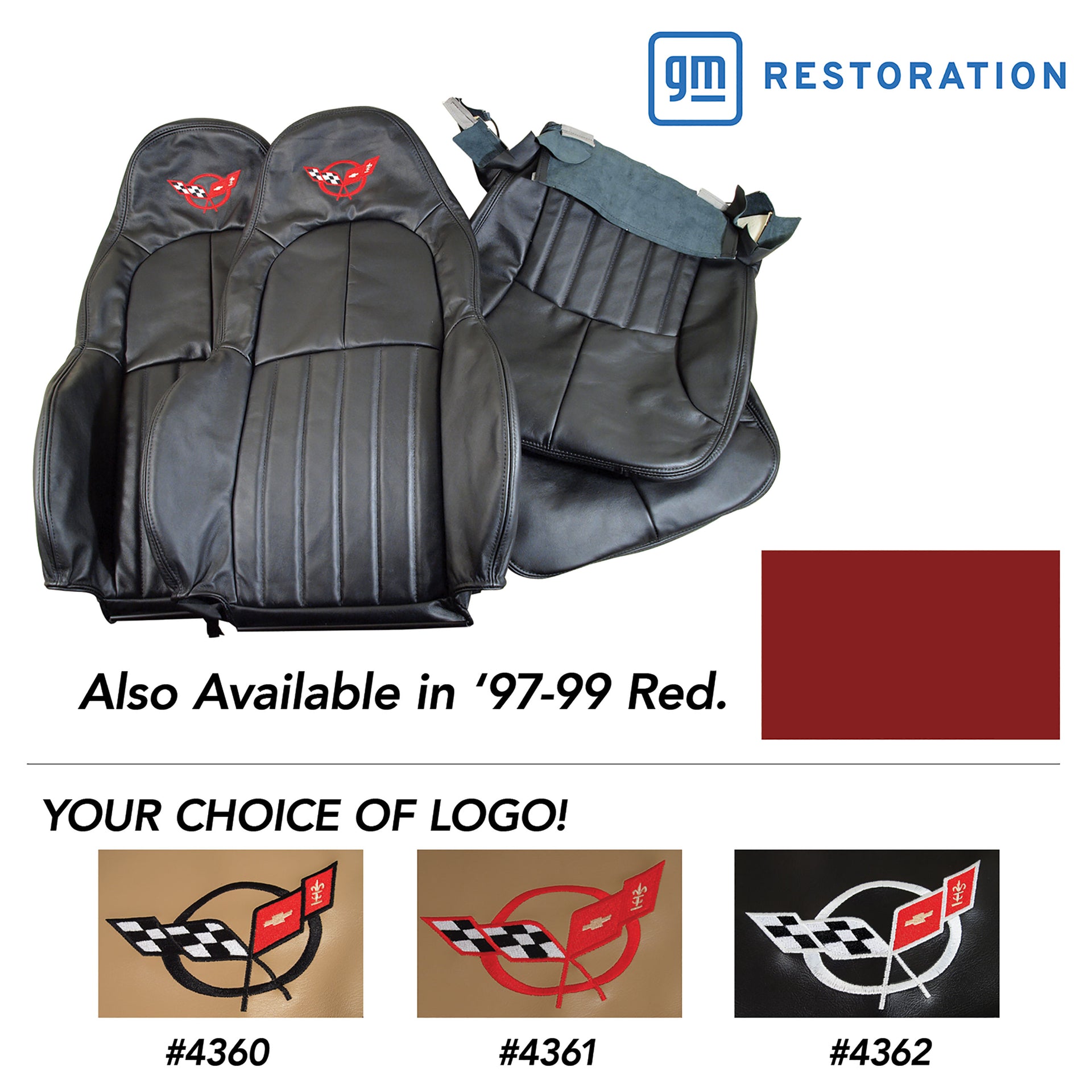 1997-1999 Corvette 100% Leather Standard Seat Covers W/Crossflag Logo - Red-462589E-Corvette-Store-Online