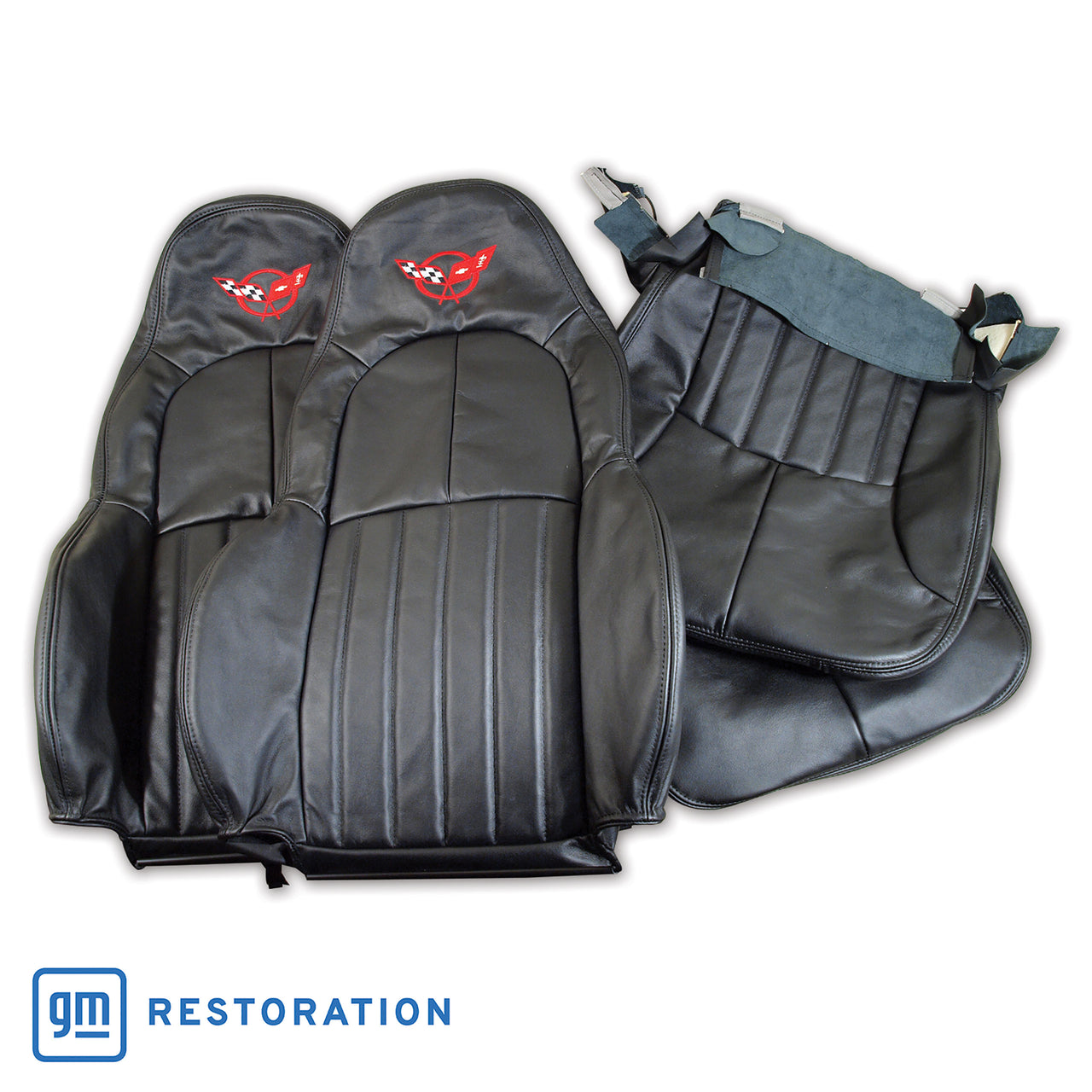 1997-2004 Corvette 100% Leather Standard Seat Covers W/Crossflag Logo - Black-462590E-Corvette-Store-Online