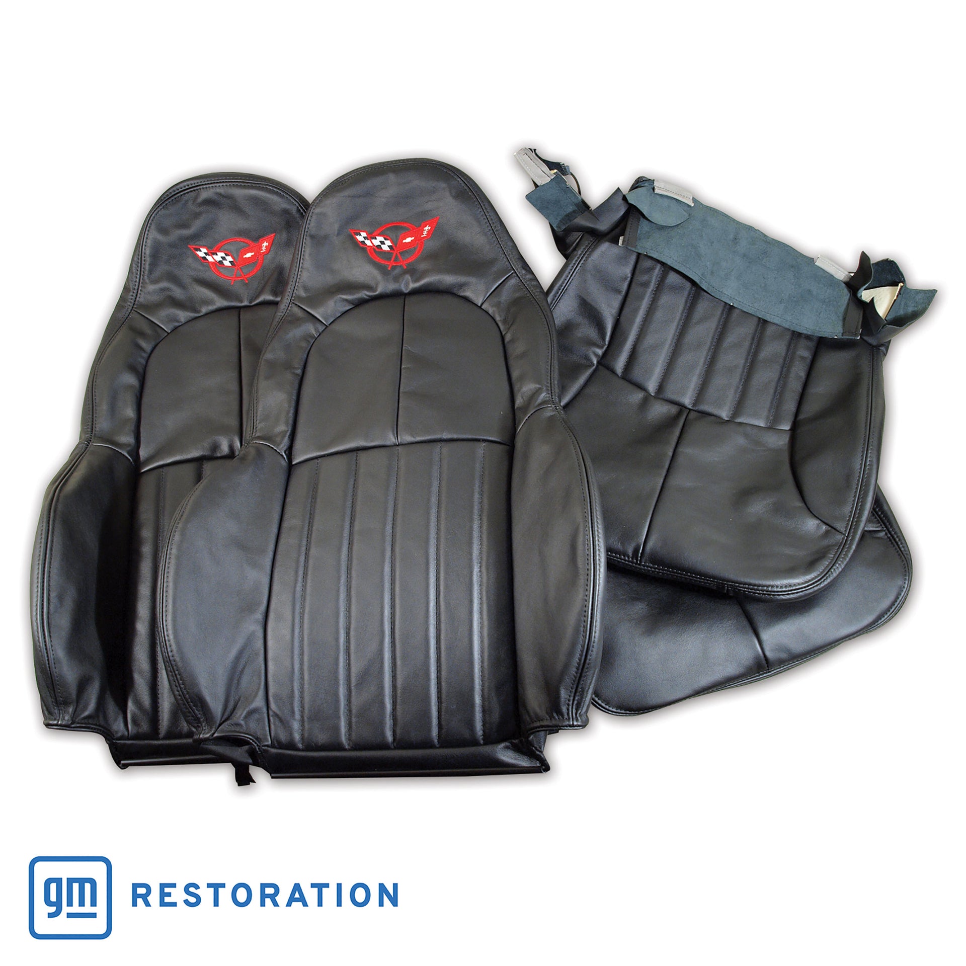 1997-2004 Corvette 100% Leather Standard Seat Covers W/Crossflag Logo - Black-462590E-Corvette-Store-Online