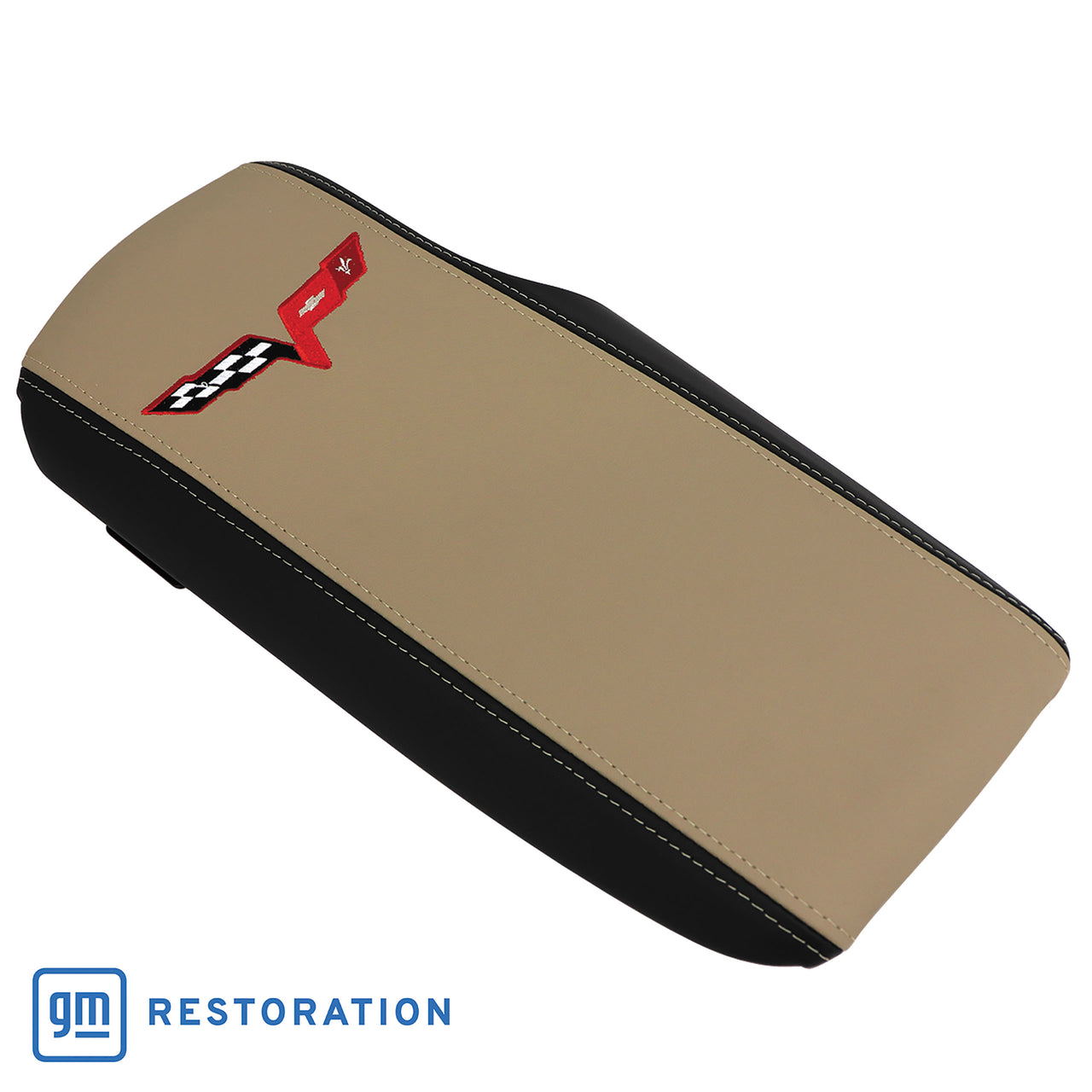 2005-2013 Corvette Embroidered Console Lid In Ebony/Cashmere W/Red Cross Flag Logo - CA-46922-Corvette-Store-Online