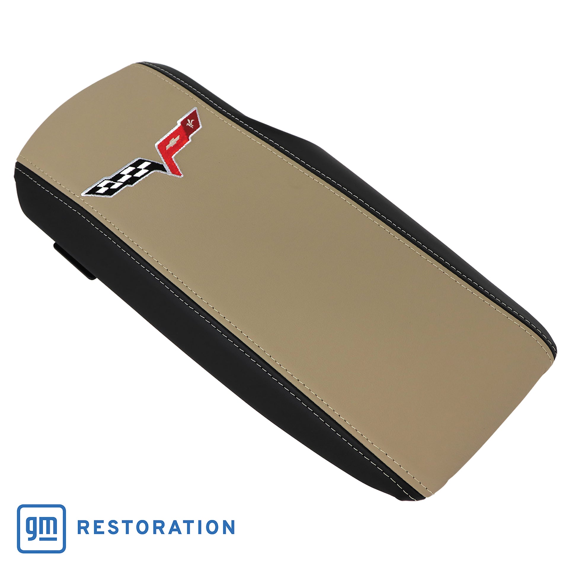 2005-2013 Corvette Embroidered Console Lid In Ebony/Cashmere W/Silver Cross Flag Logo - CA-46923-Corvette-Store-Online