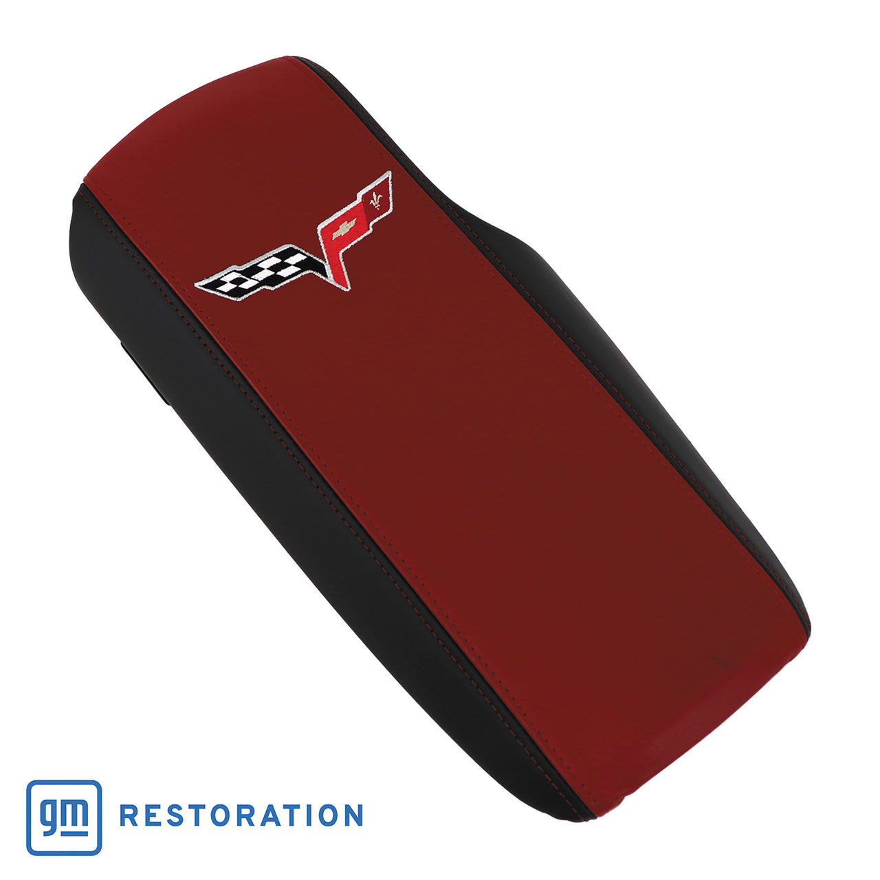 2005-2013 Corvette Embroidered Console Lid In Ebony/Red W/Silver Cross Flag Logo - CA-46926-Corvette-Store-Online