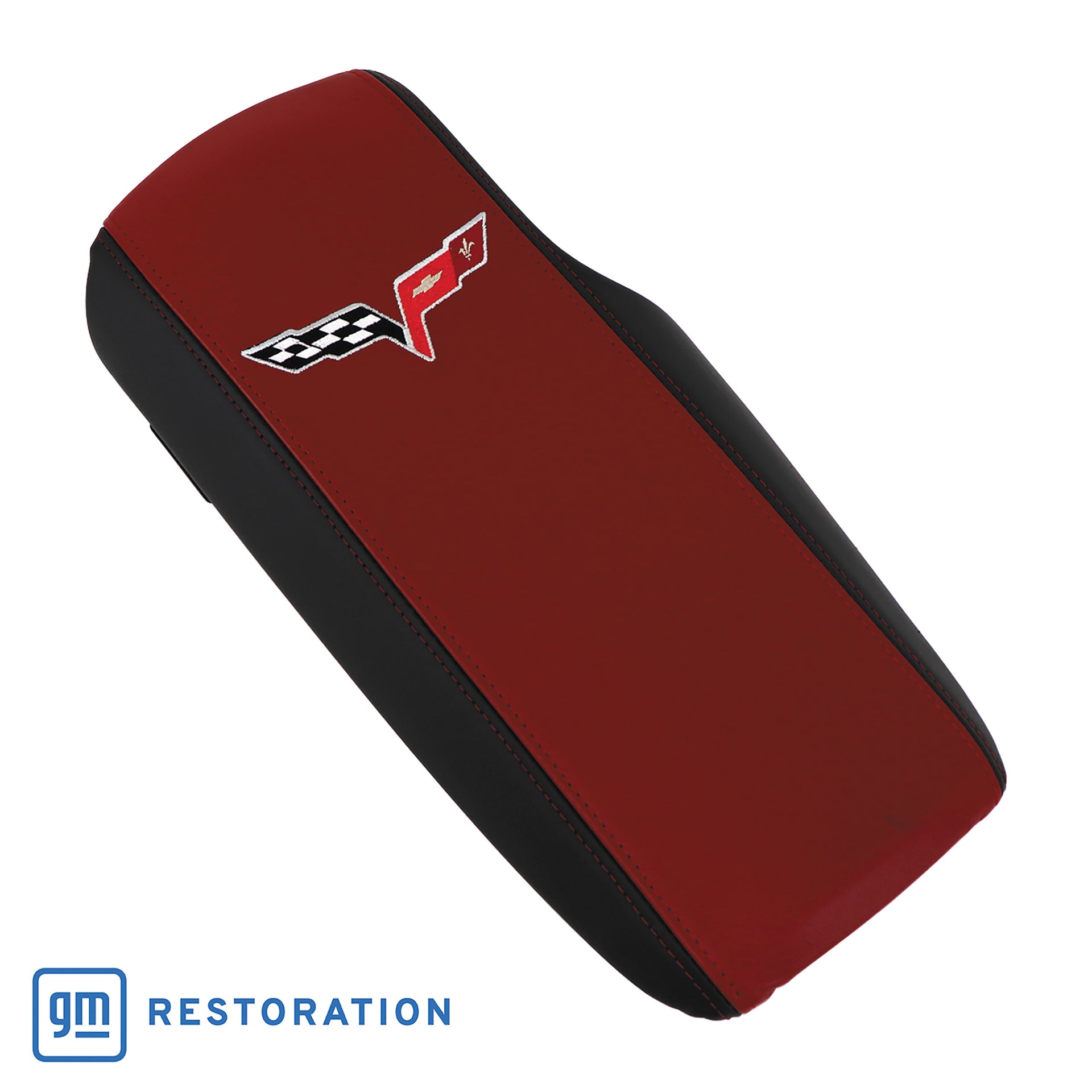 2005-2013 Corvette Embroidered Console Lid In Ebony/Red W/Silver Cross Flag Logo - CA-46926-Corvette-Store-Online