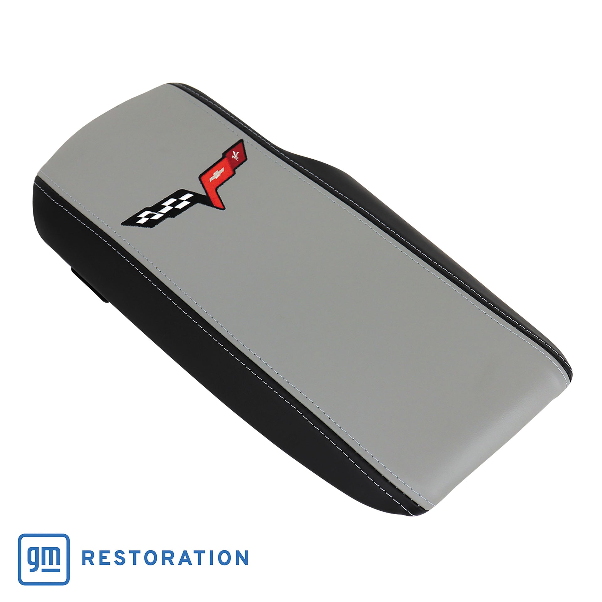 2005-2013 Corvette Embroidered Console Lid In Ebony/Titanium Gray W/Black Cross Flag Logo - CA-46928-Corvette-Store-Online