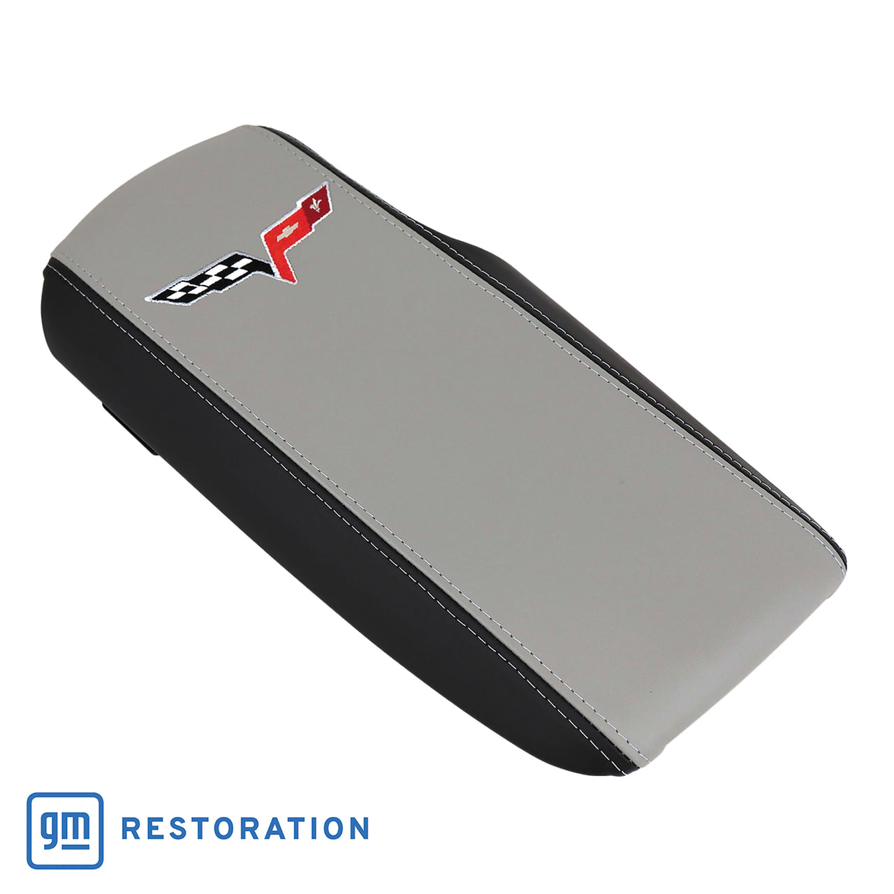 2005-2013 Corvette Embroidered Console Lid In Ebony/Titanium Gray W/Silver Cross Flag Logo - CA-46930-Corvette-Store-Online