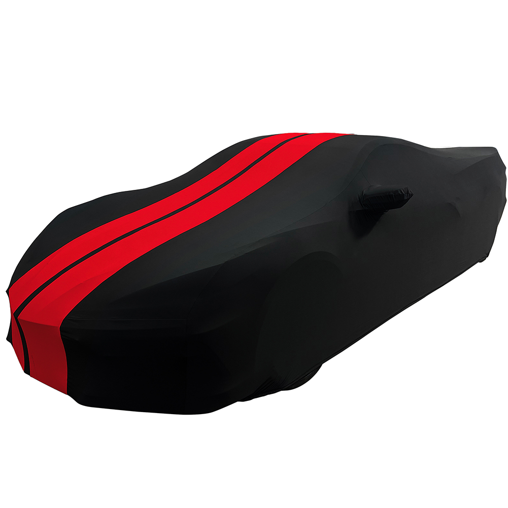 Corvette Ultraguard Stretch Satin Car Cover - Black W/Red Stripes - Indoor : C8 Stingray, Z51, Z06