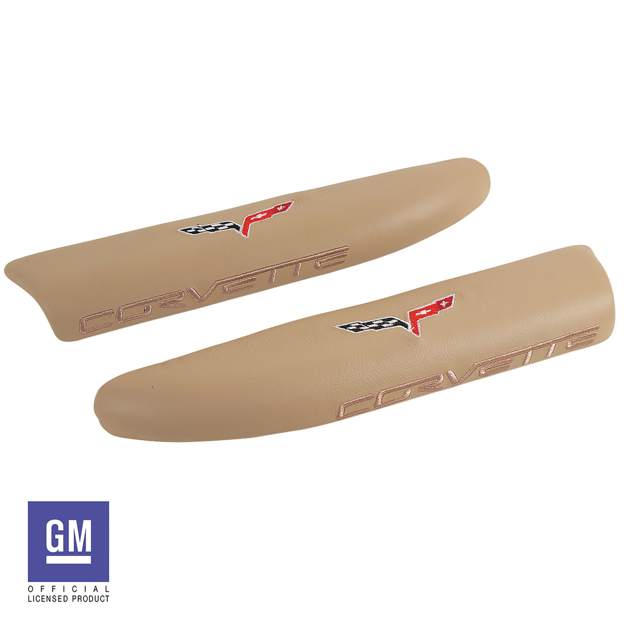2005-2013 Corvette Leather Armrest Pads - Cashmere W/C6 Logo - CA-479796-Corvette-Store-Online