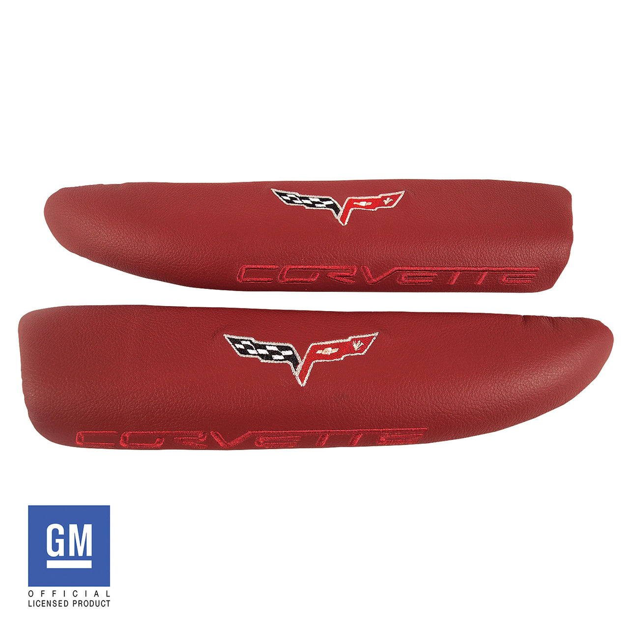2005-2013 Corvette Leather Armrest Pads - Red W/C6 Logo - CA-479797-Corvette-Store-Online