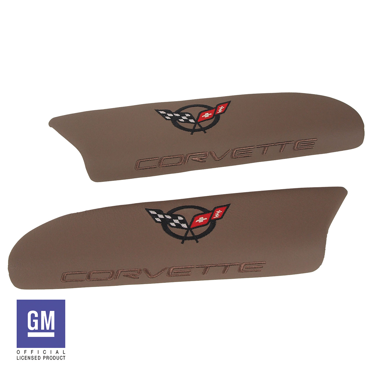 2003-2004 Corvette Leather Armrest Pads - Parchment W/C5 Logo - CA-479900-Corvette-Store-Online