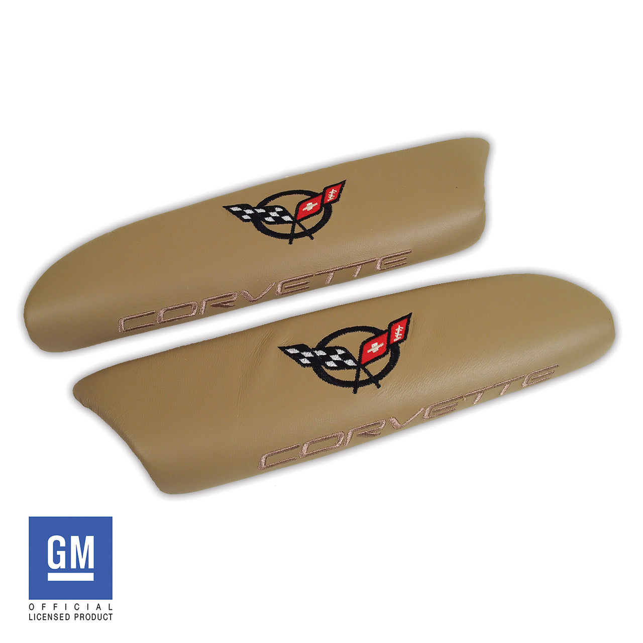 1997-2004 Corvette Leather Armrest Pads - Oak W/C5 Logo - CA-479991-Corvette-Store-Online