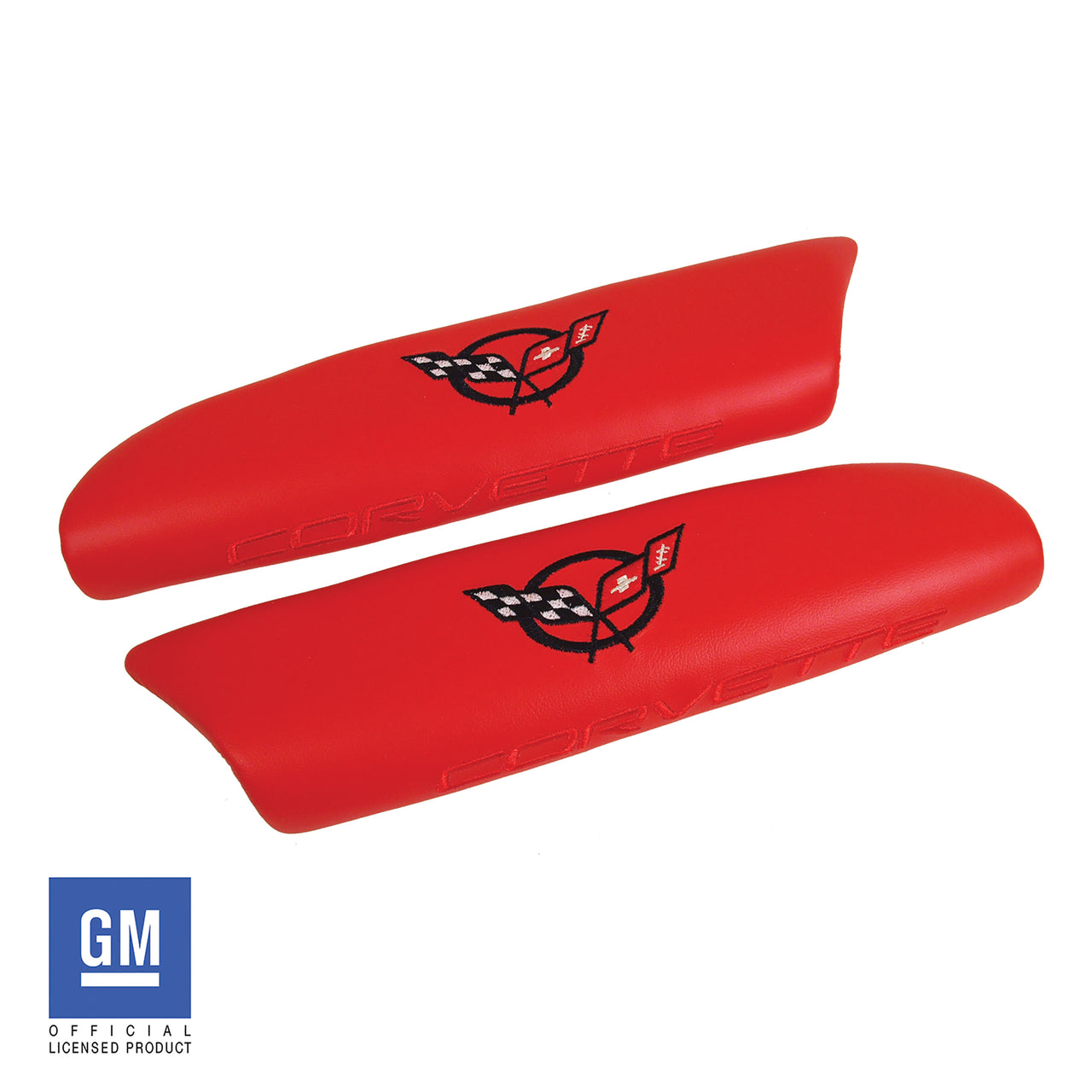 2000-2004 Corvette Leather Armrest Pads - Torch Red W/C5 Logo - CA-479993-Corvette-Store-Online