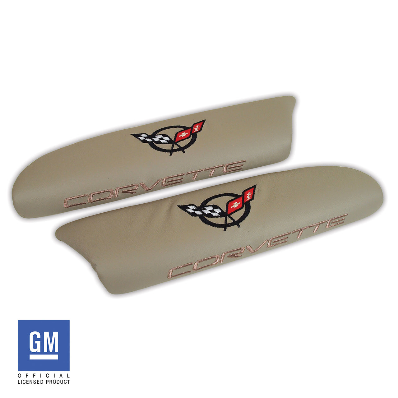 2003-2004 Corvette Leather Armrest Pads - Shale W/C5 Logo - CA-479994-Corvette-Store-Online