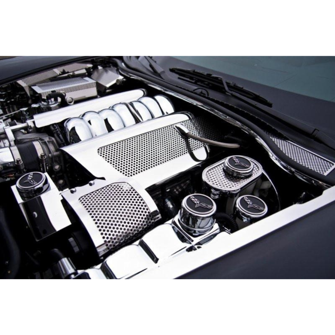 C6 Corvette Fuel Rail Covers - Polished Perforated Stainless Steel 2008-2013