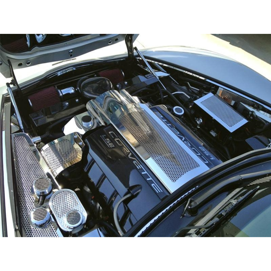 C6 Corvette Water Tank Cover w/ Caps - Perforated Polished Stainless Steel (Automatic)