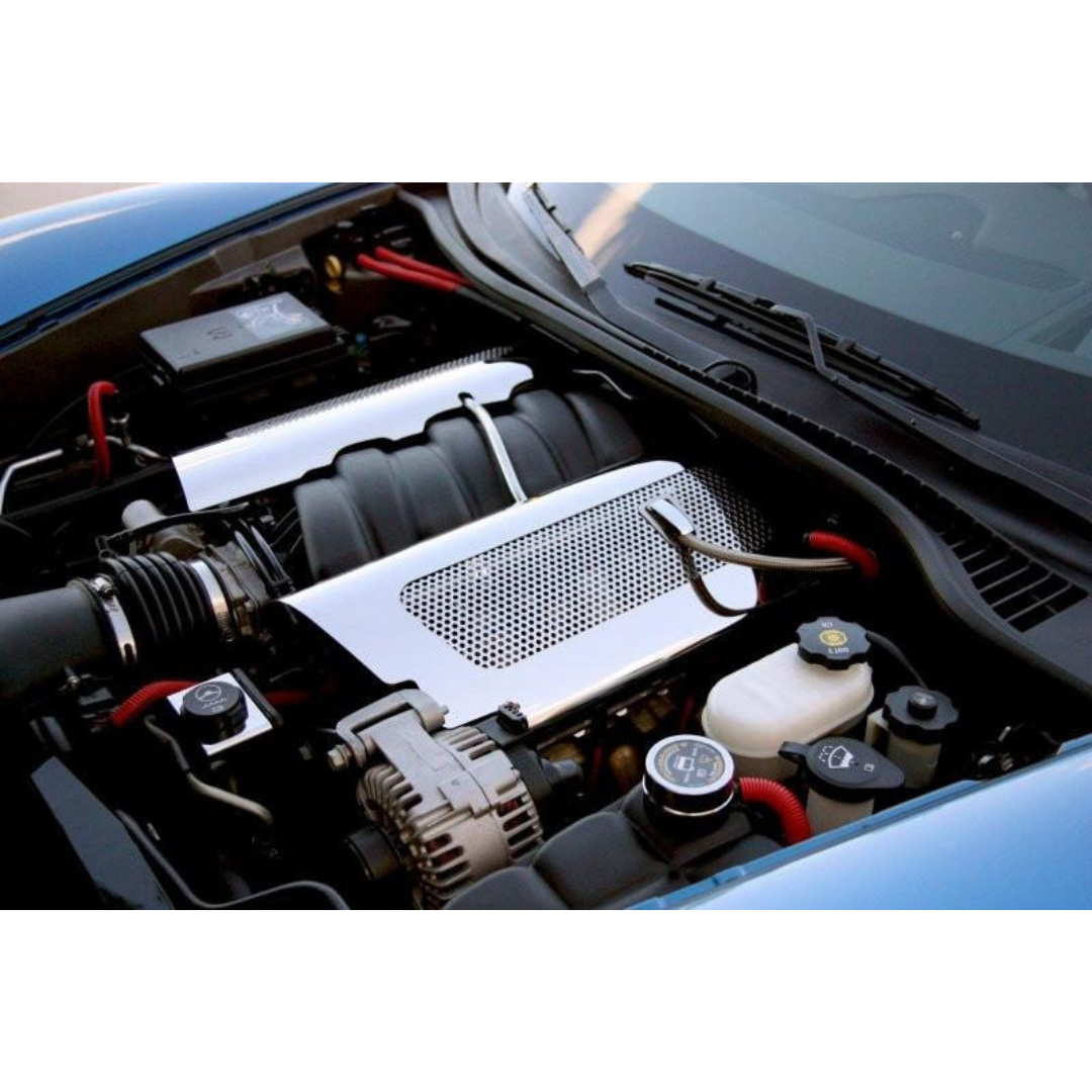 C6 Corvette Z06 LS7 Fuel Rail Covers - Replacement Style Polished Perforated Stainless Steel