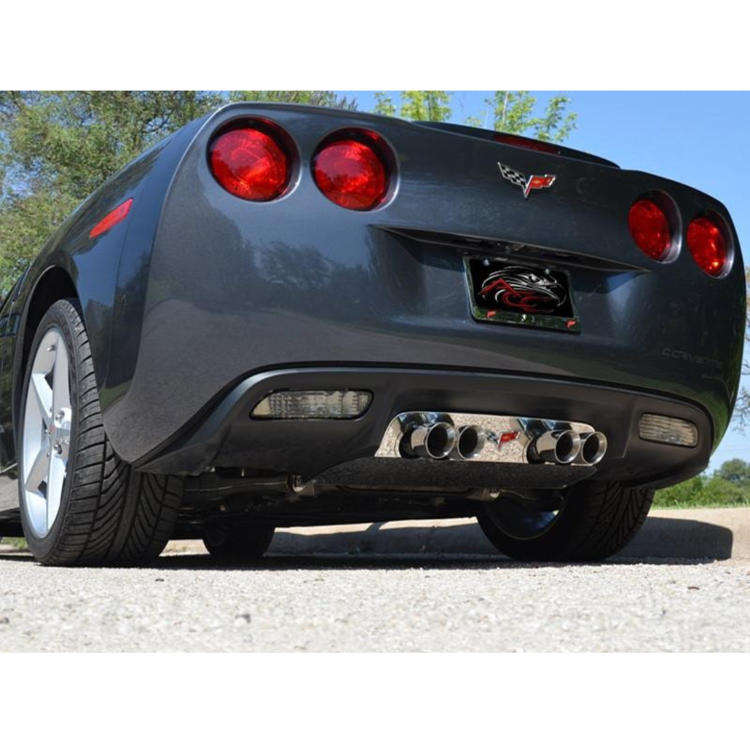 C6 Corvette Exhaust Filler Panel w/ Crossed Flags - Polished Stainless Steel