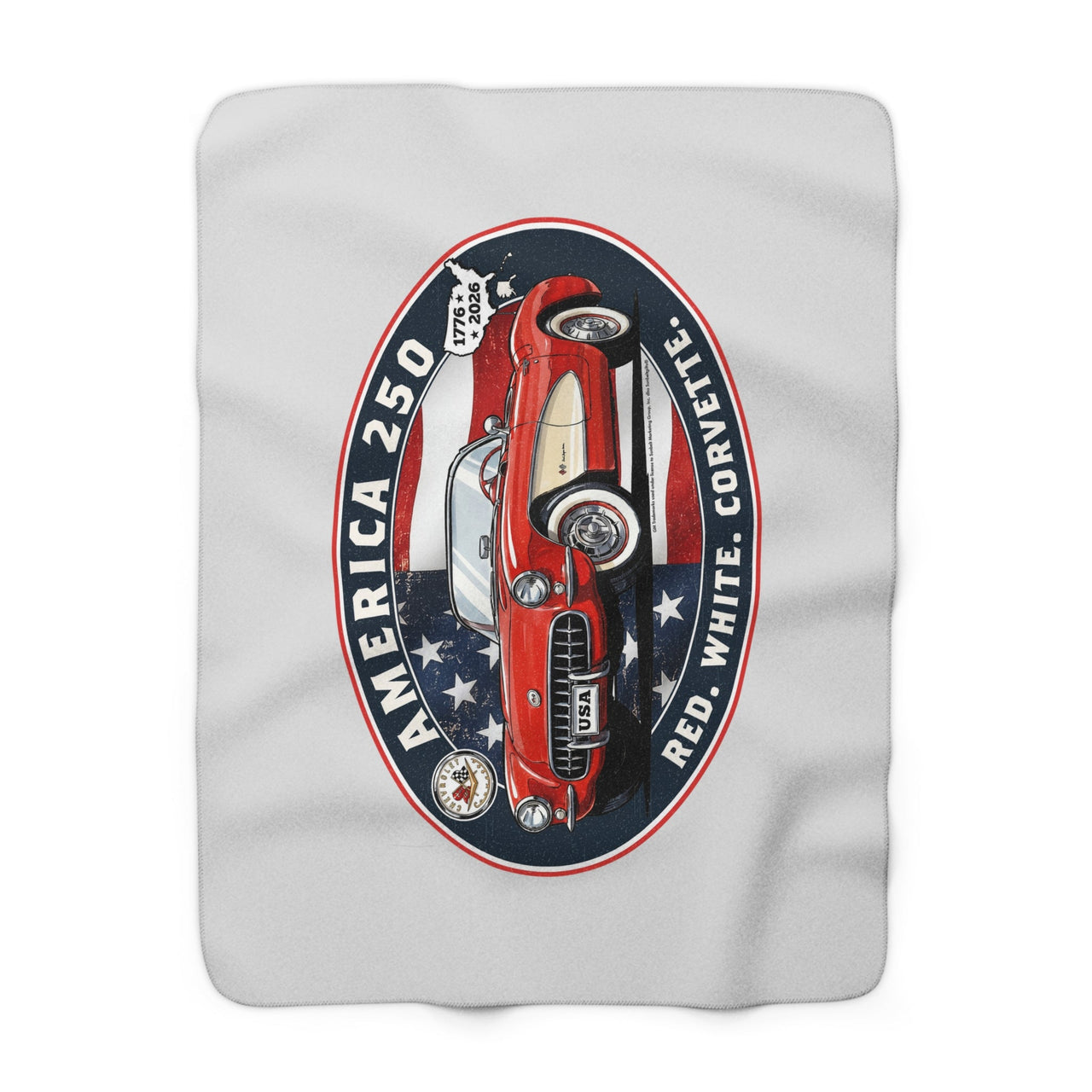 Corvette Red C1 Convertible "Red. White. Corvette." America 250 Oval Premium Sherpa Blanket – 1776 to 2026