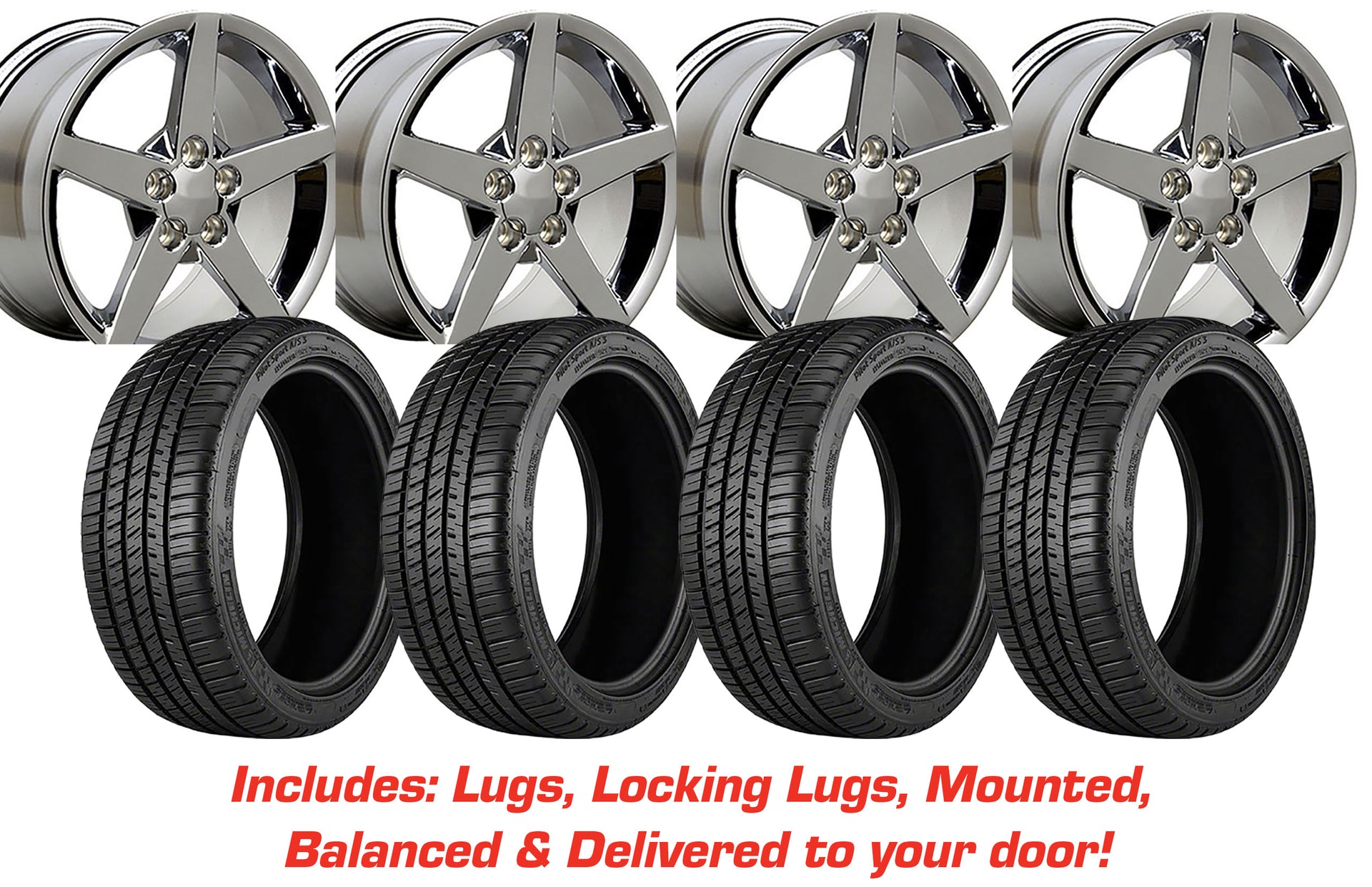 2005-2013 Corvette Tire/Wheel Pkg C6 Base Chrome 5 Spoke W/Wide Fronts On Michelin Tires - CA-57118-Corvette-Store-Online