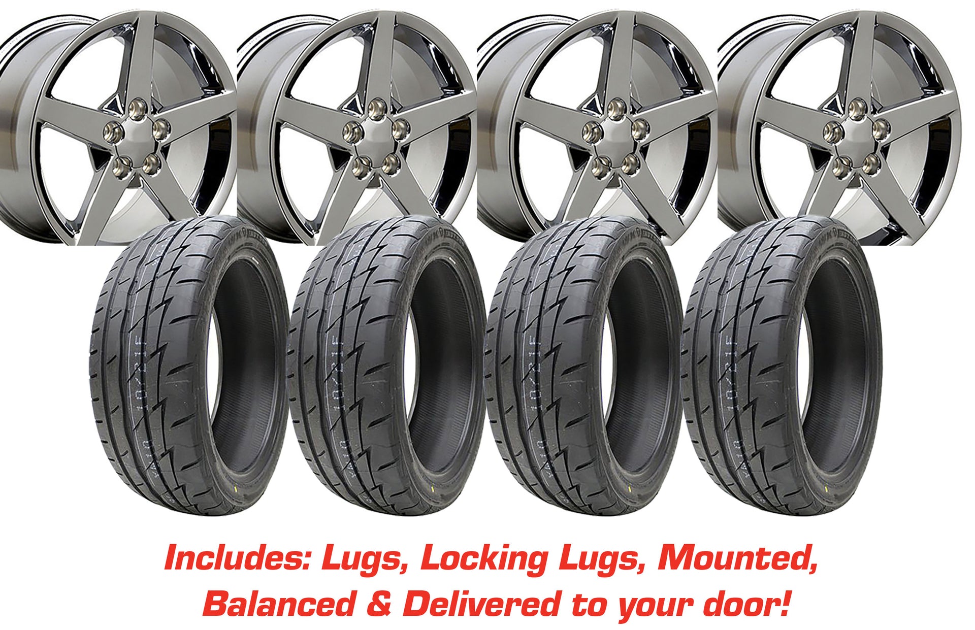 2005-2013 Corvette Tire/Wheel Pkg C6 Base 5 Spoke W/Wide Fronts Chrome On Firestone Tires - CA-57119-Corvette-Store-Online