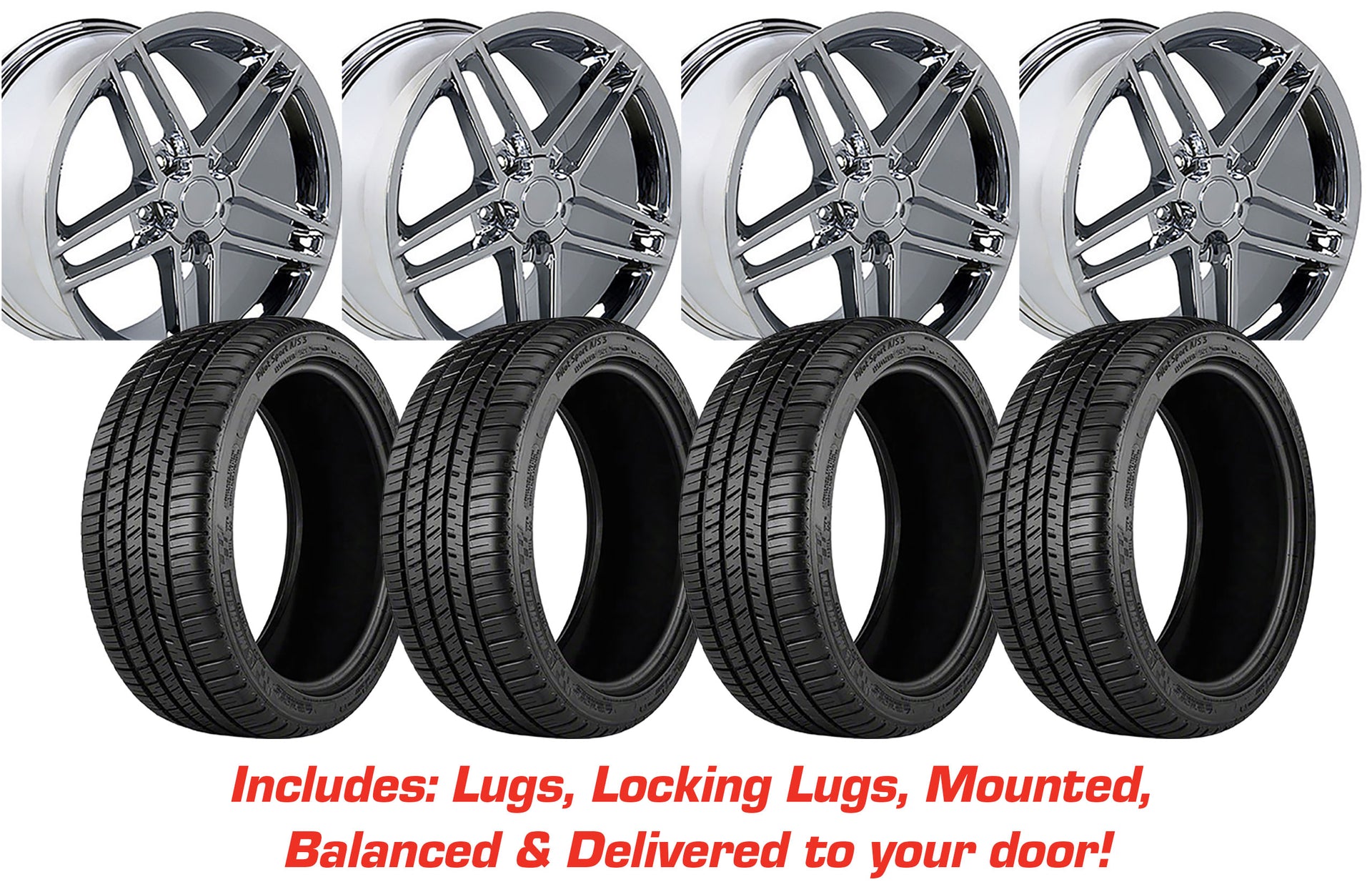 2005-2013 Corvette Tire/Wheel Pkg C6 Z06 Split 5 Spoke Chrome W/Wide Fronts On Michelin Tires - CA-57120-Corvette-Store-Online