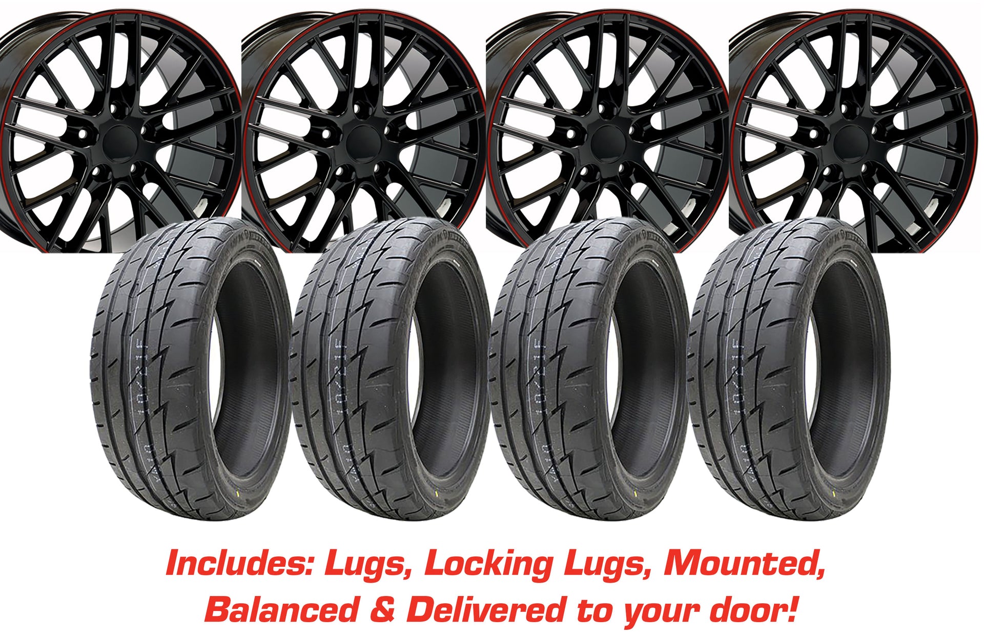 2005-2013 Corvette Tire/Wheel Pkg C6 ZR1 Gloss Black W/Red Stripe On Firestone Tires - CA-57129-Corvette-Store-Online