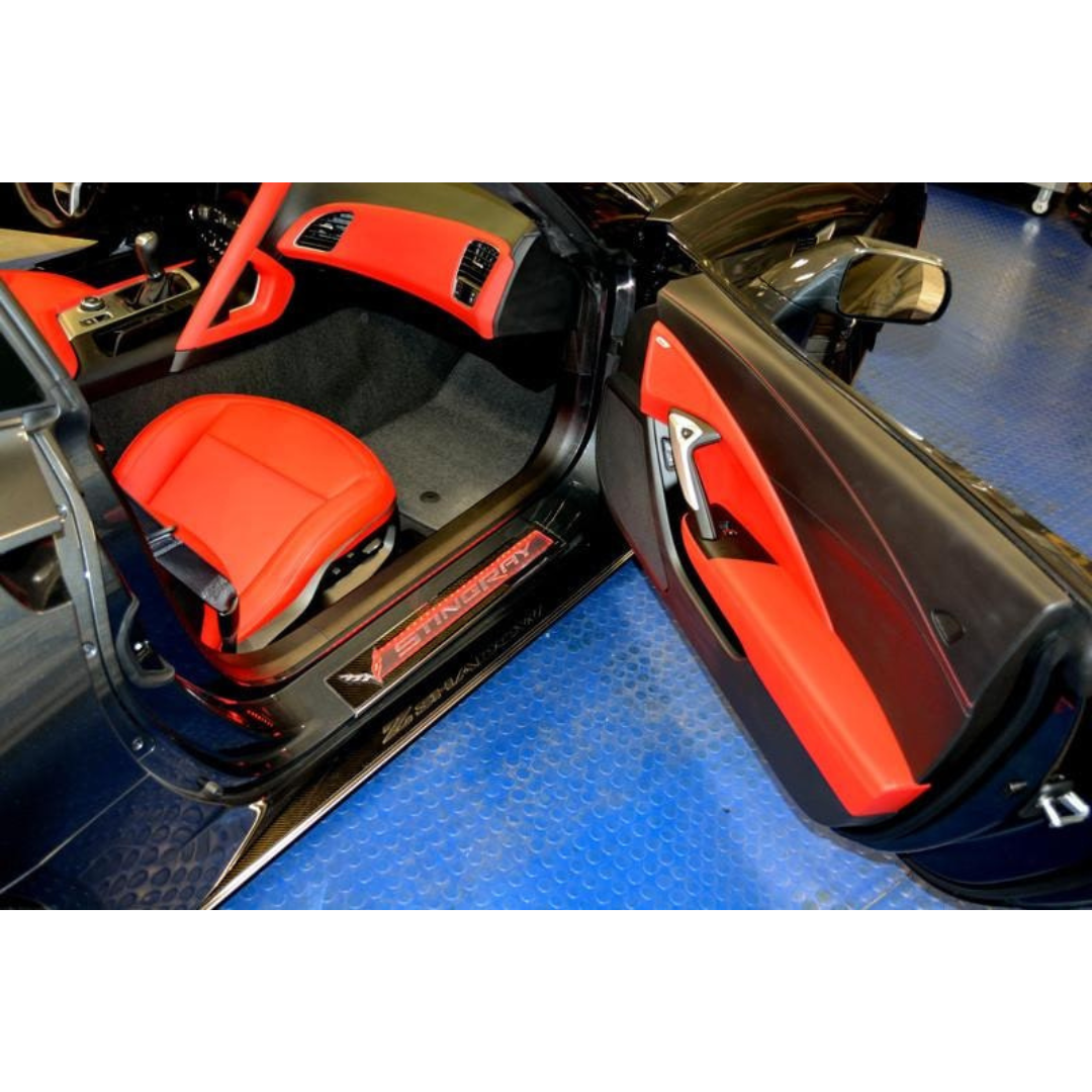 C7 Corvette Stingray LED Illuminated Carbon Fiber Door Sill Overlay 2Pc Stainless Steel Trim