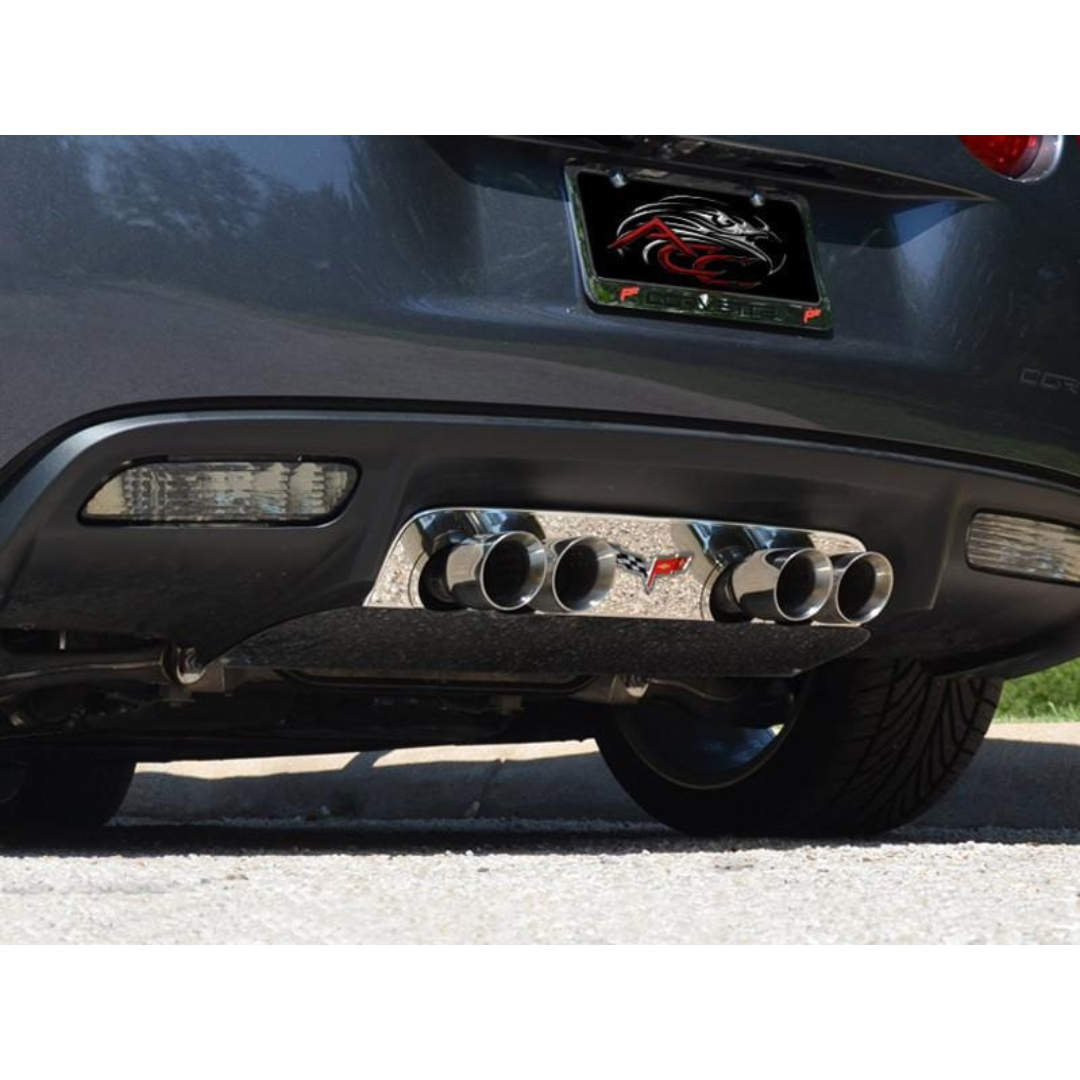 C6 Corvette Exhaust Filler Panel w/ Crossed Flags - Polished Stainless Steel
