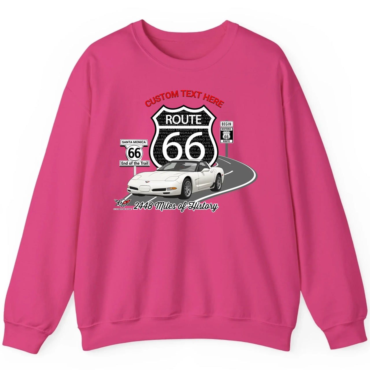 Personalized C5 Corvette Route 66 100th Anniversary Sweatshirt – Custom Text & Car Color Graphic Sweatshirt