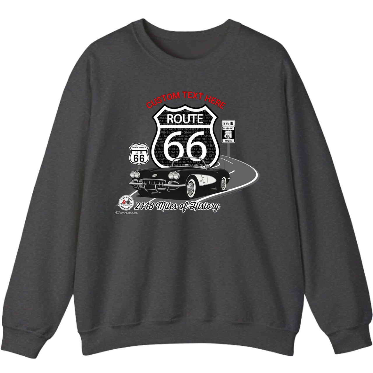 Personalized C1 Corvette Route 66 100th Anniversary Sweatshirt – Custom Text & Car Color Graphic Sweatshirt