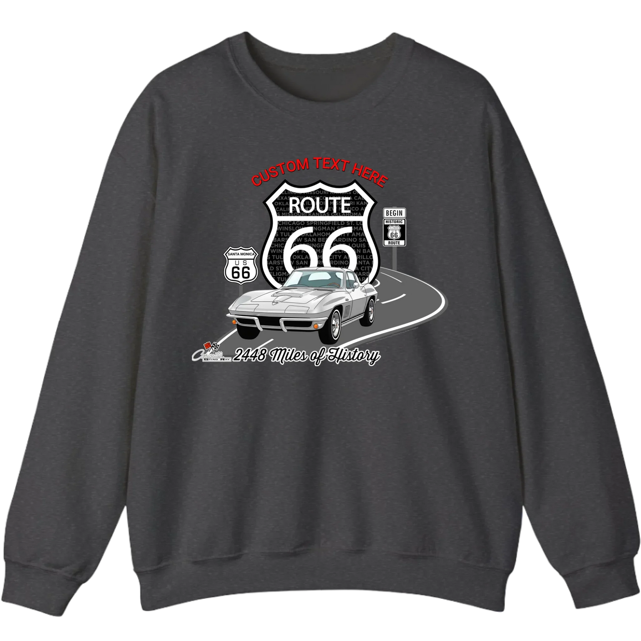 Personalized C2 Corvette Route 66 100th Anniversary Sweatshirt – Custom Text & Car Color Graphic Sweatshirt
