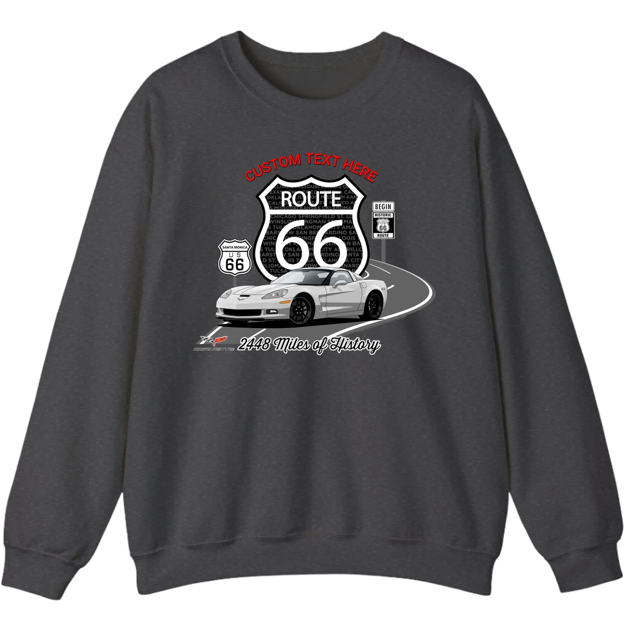 Personalized C6 Corvette Route 66 100th Anniversary Sweatshirt – Custom Text & Car Color Graphic Sweatshirt