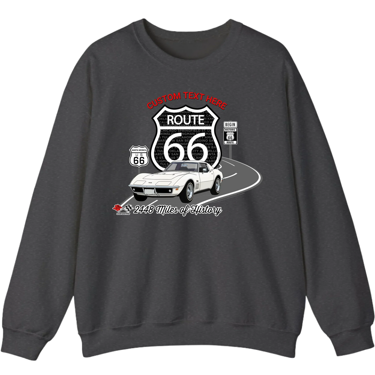 Personalized C3 Corvette Route 66 100th Anniversary Sweatshirt – Custom Text & Car Color Graphic Sweatshirt