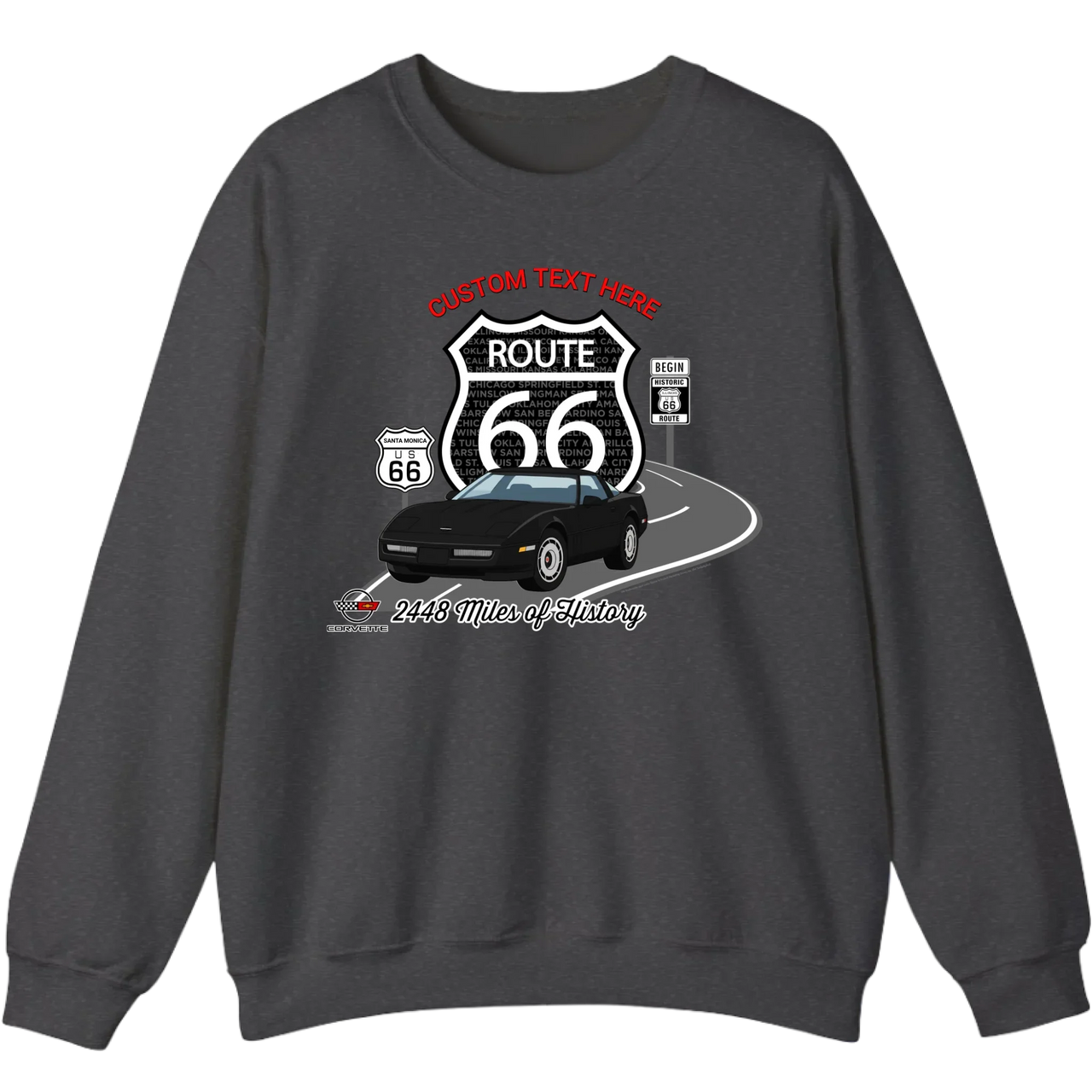 Personalized C4 Corvette Route 66 100th Anniversary Sweatshirt – Custom Text & Car Color Graphic Sweatshirt