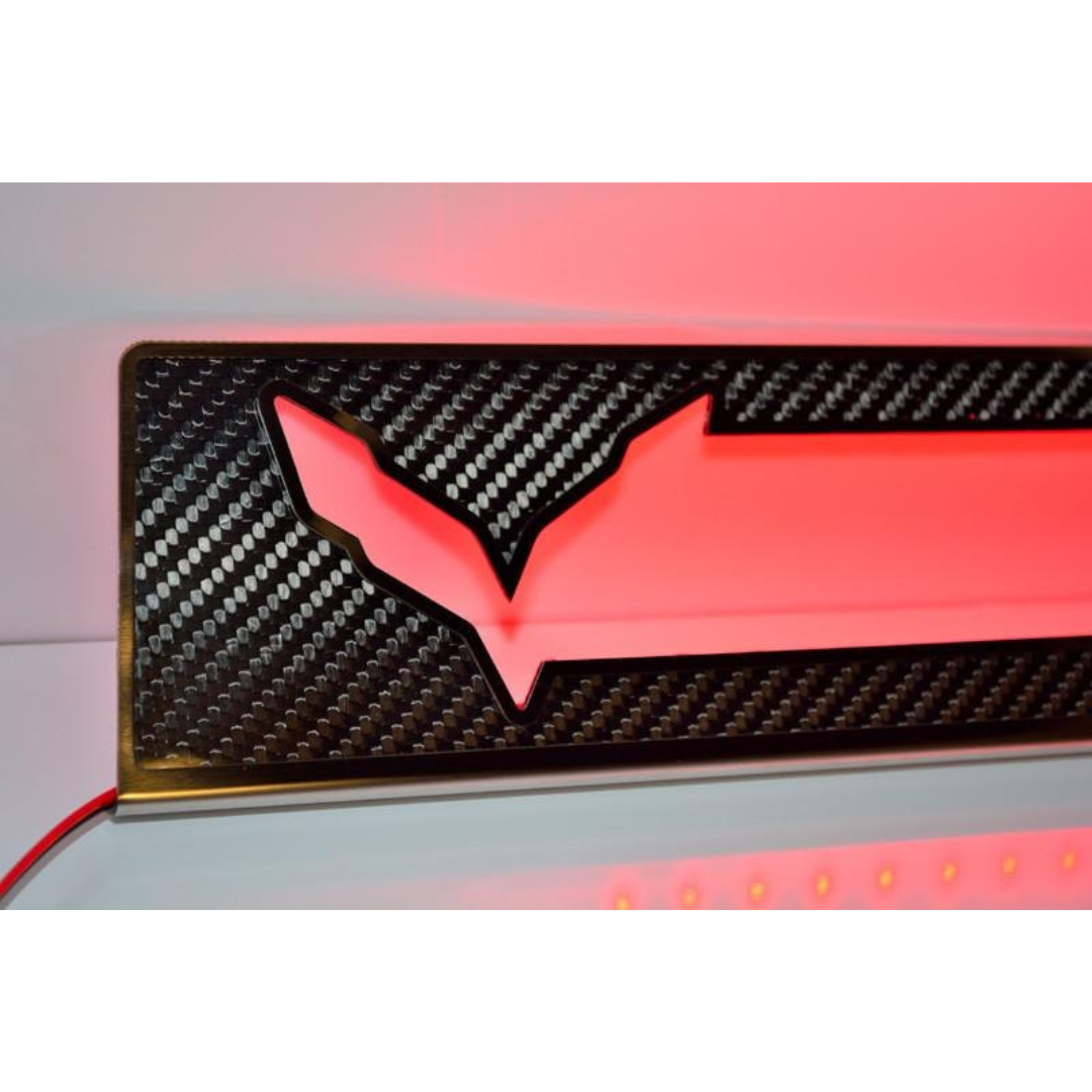 C7 Corvette Stingray LED Illuminated Carbon Fiber Door Sill Overlay 2Pc Stainless Steel Trim