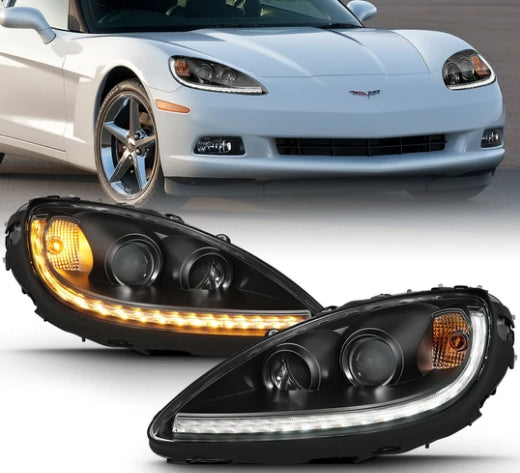 2005-2013 Corvette BLACK PROJECTOR HEADLIGHTS WITH SWITCHBACK LED BAR - PAIR - CA-73258-Corvette-Store-Online