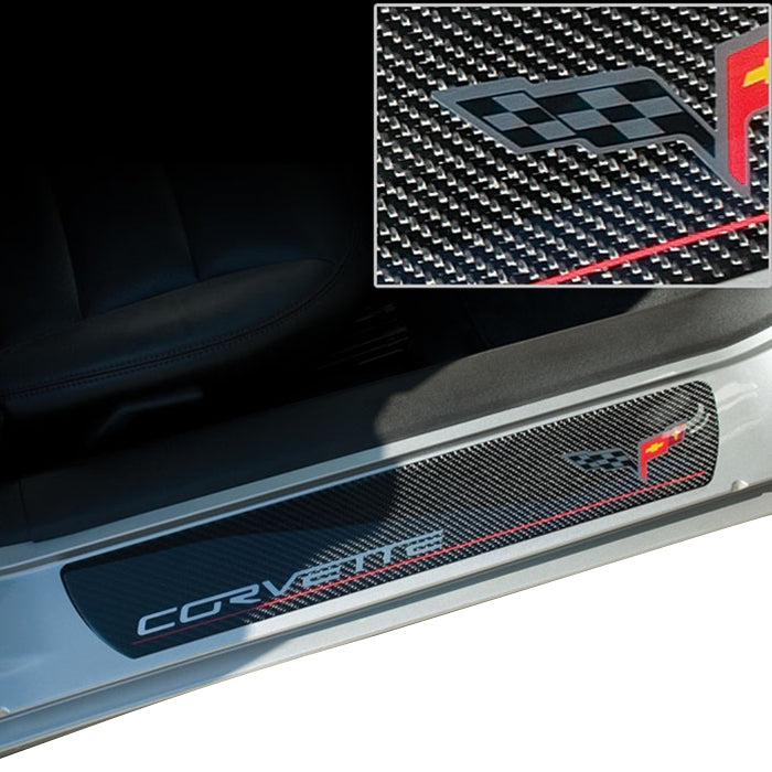 2005-2013 Corvette Door Sill Guards Carbon Fiber - Flag Logo - - CA-74540-Corvette-Store-Online