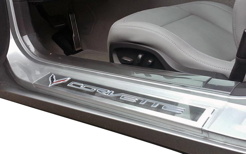 2014-2019 Corvette Door Sill Guards - Clear - Embossed Logo & Corvette Script - CA-74621-Corvette-Store-Online