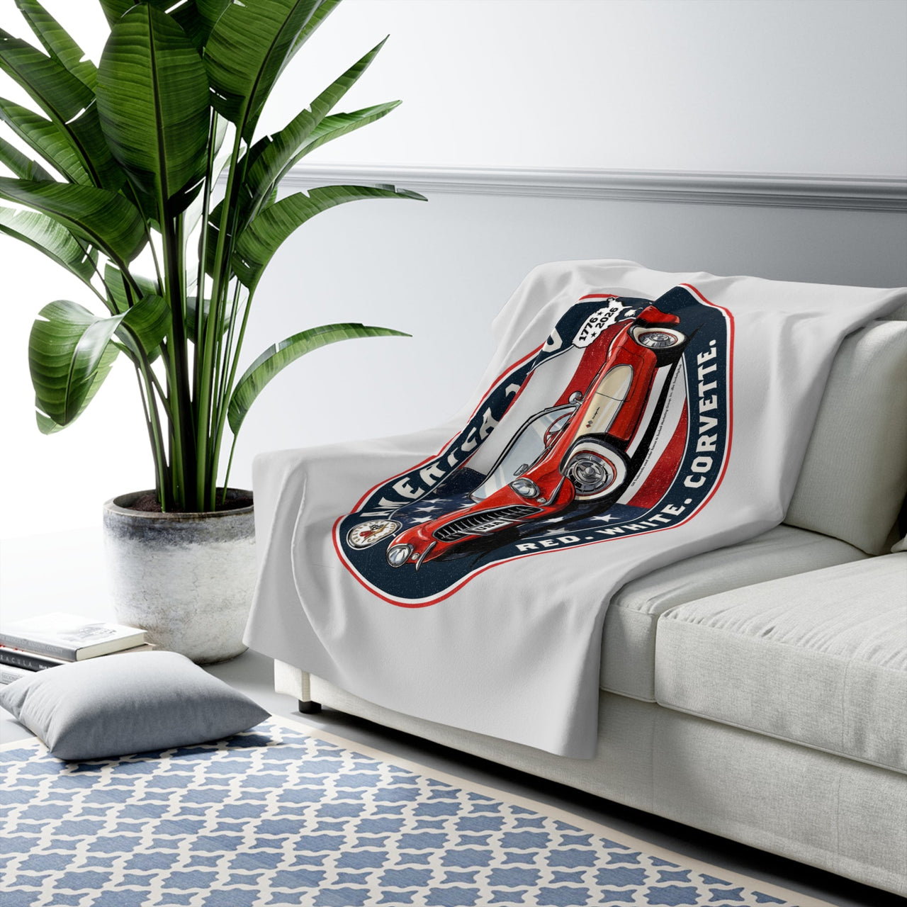 Corvette Red C1 Convertible "Red. White. Corvette." America 250 Oval Premium Sherpa Blanket – 1776 to 2026