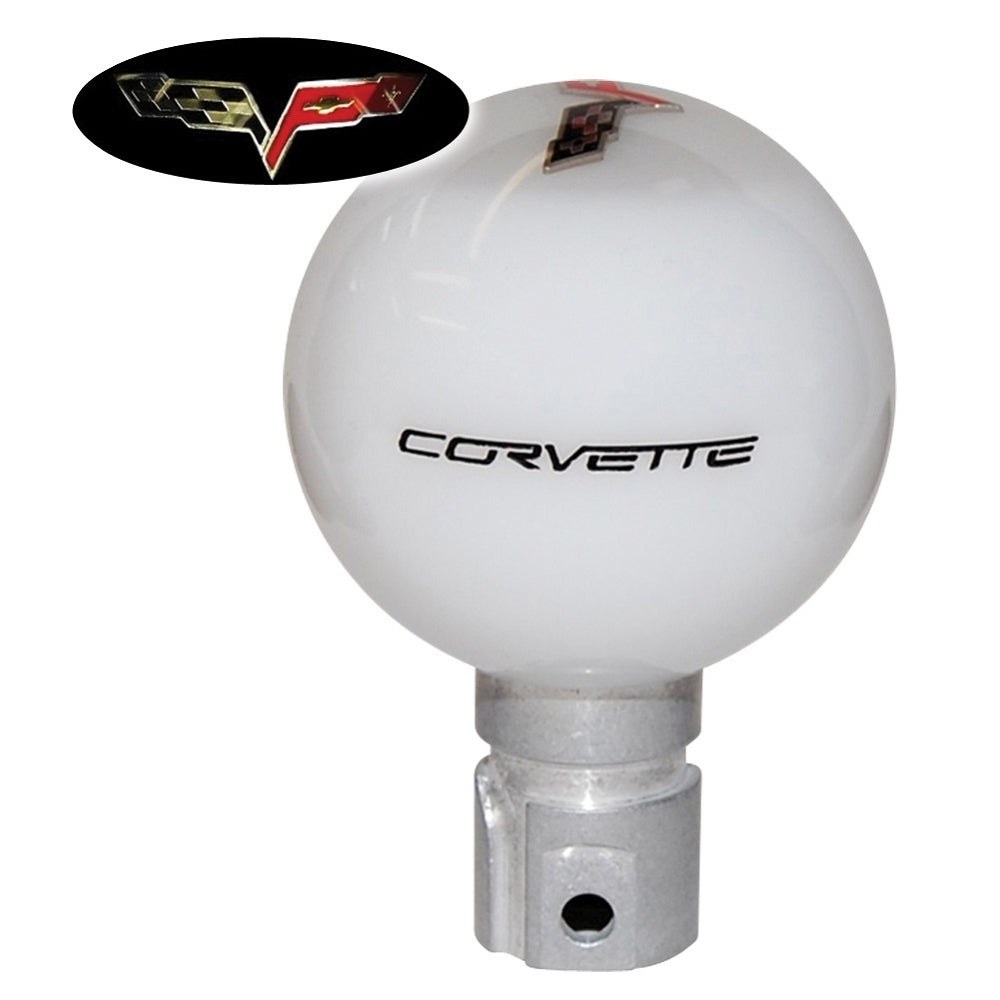 2005-2013 Corvette White Shift Knob W/C6 Crossed Flags & Black Corvette Script - CA-76865-Corvette-Store-Online